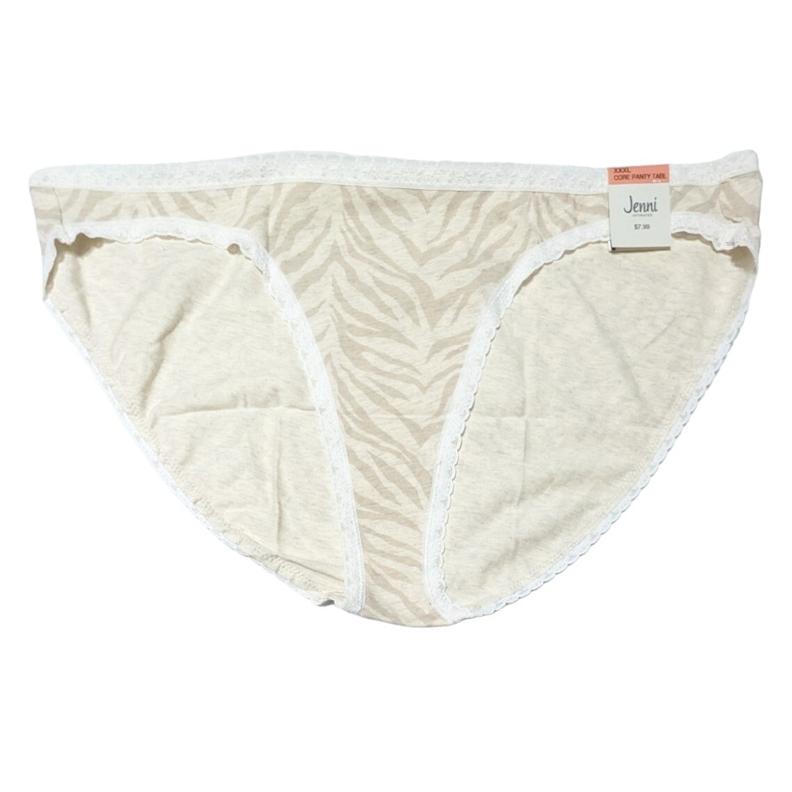Jenni Intimates Tan Tiger Print Lace Trim Bikini Panty Cotton Underwear, XXXL