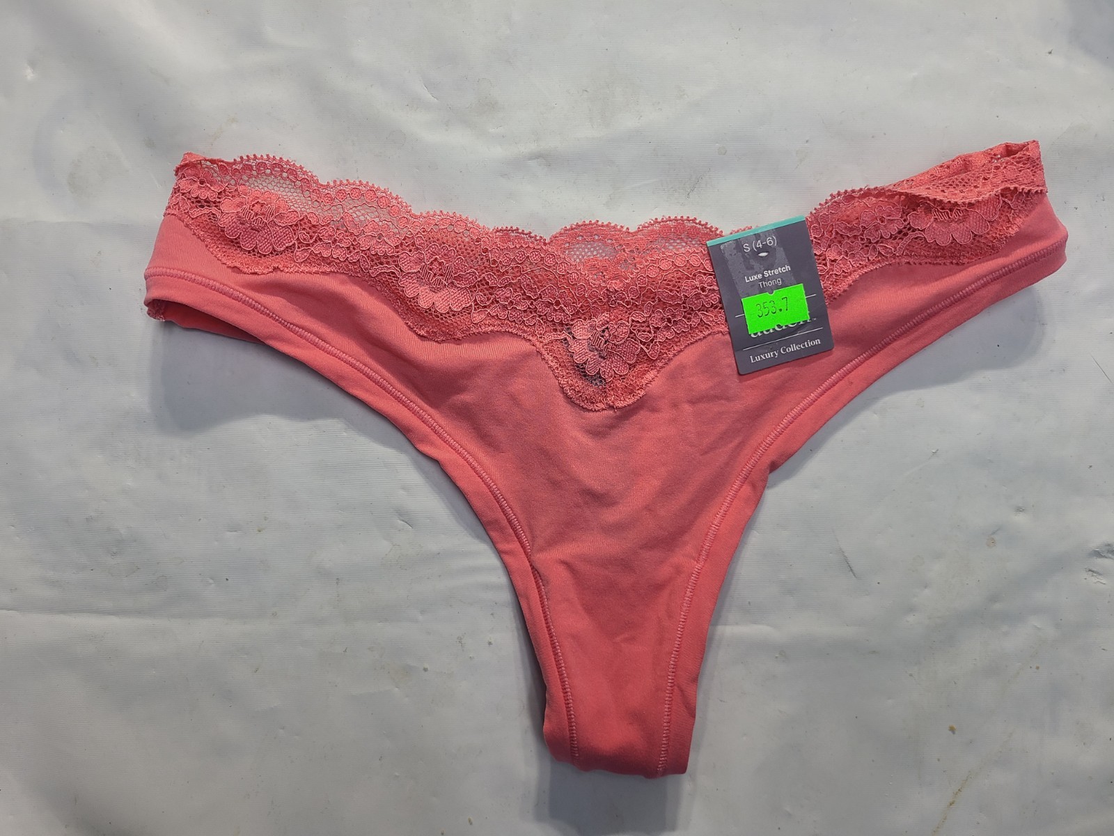 Women’s Luxe Stretch Thong Underwear Lace Waistband Auden’ Coral Size Small