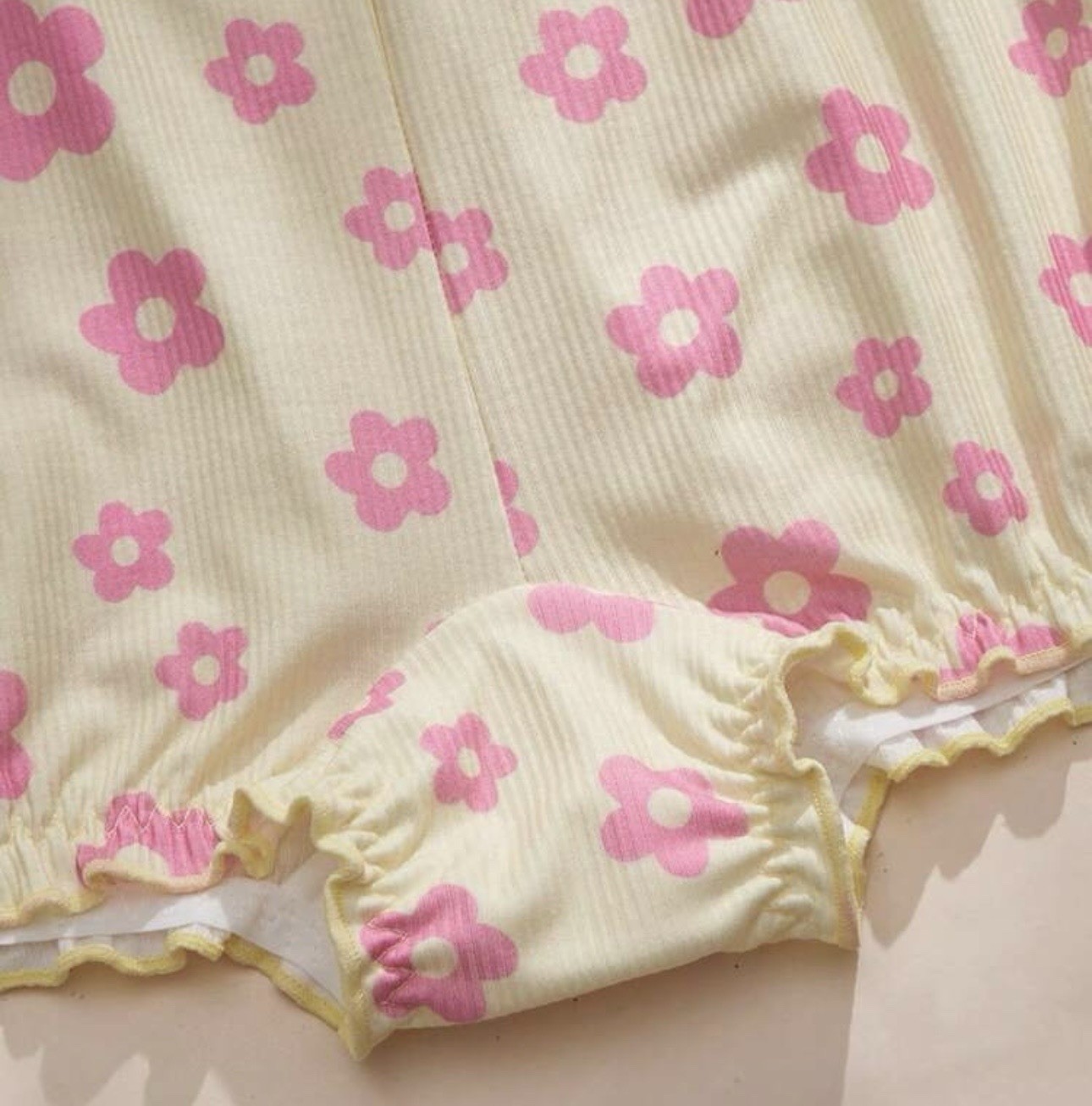 Cute Yellow w Pink Floral Ribbed Knit Sissy Boy Shorts Brief Panties XL NEW