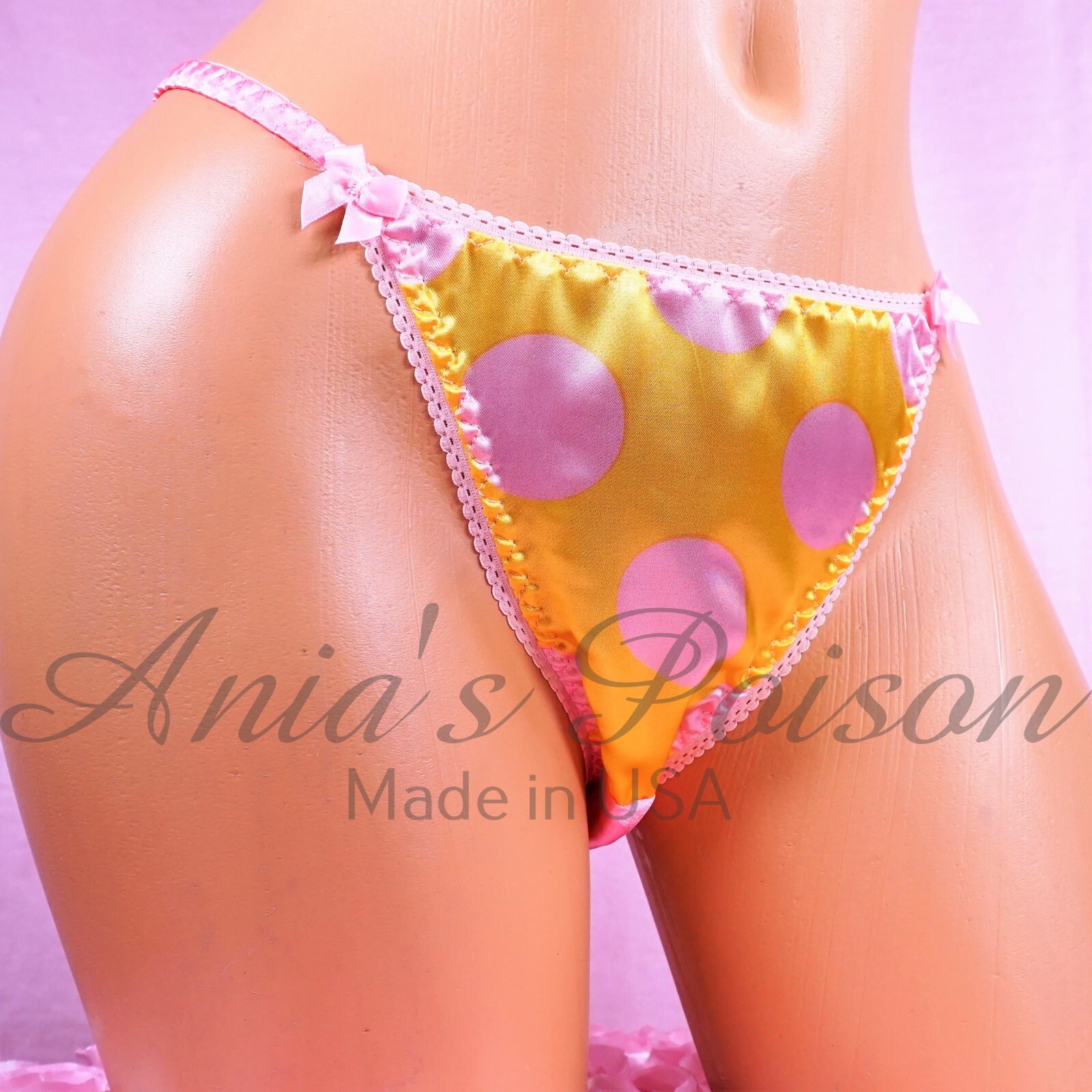 Yellow Pink Polka Dot Satin Sissy DUCHESS CUT shiny ladies string bikini panties