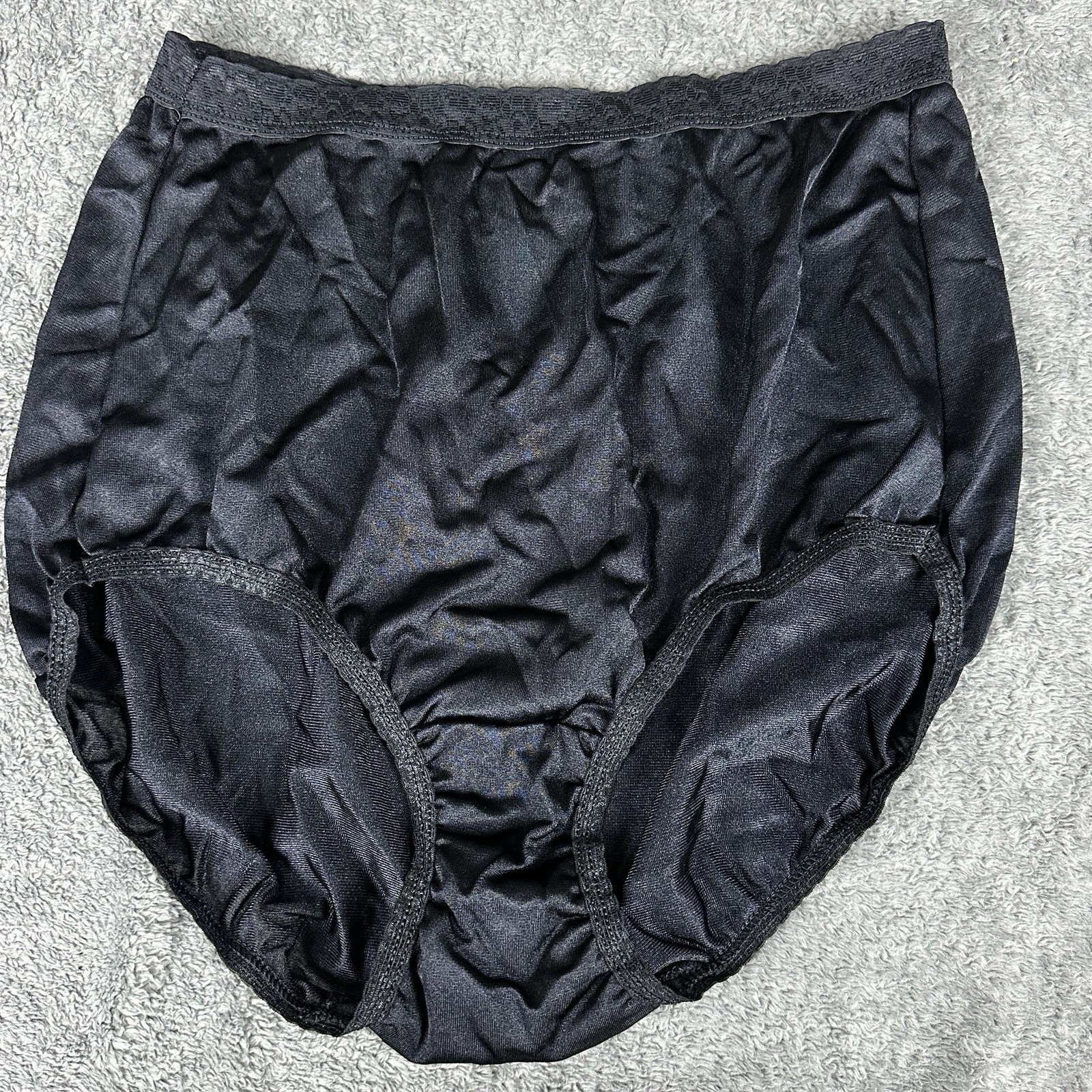 Sz 8 Hanes BLACK VTG 1990s All Nylon Hi Cut Lace Top Panty Cotton Crotch Silky