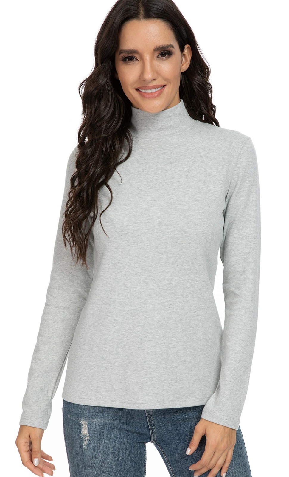 Women’s Cotton Mock Turtle Neck Thermal Baselayer Top Light Gray Large