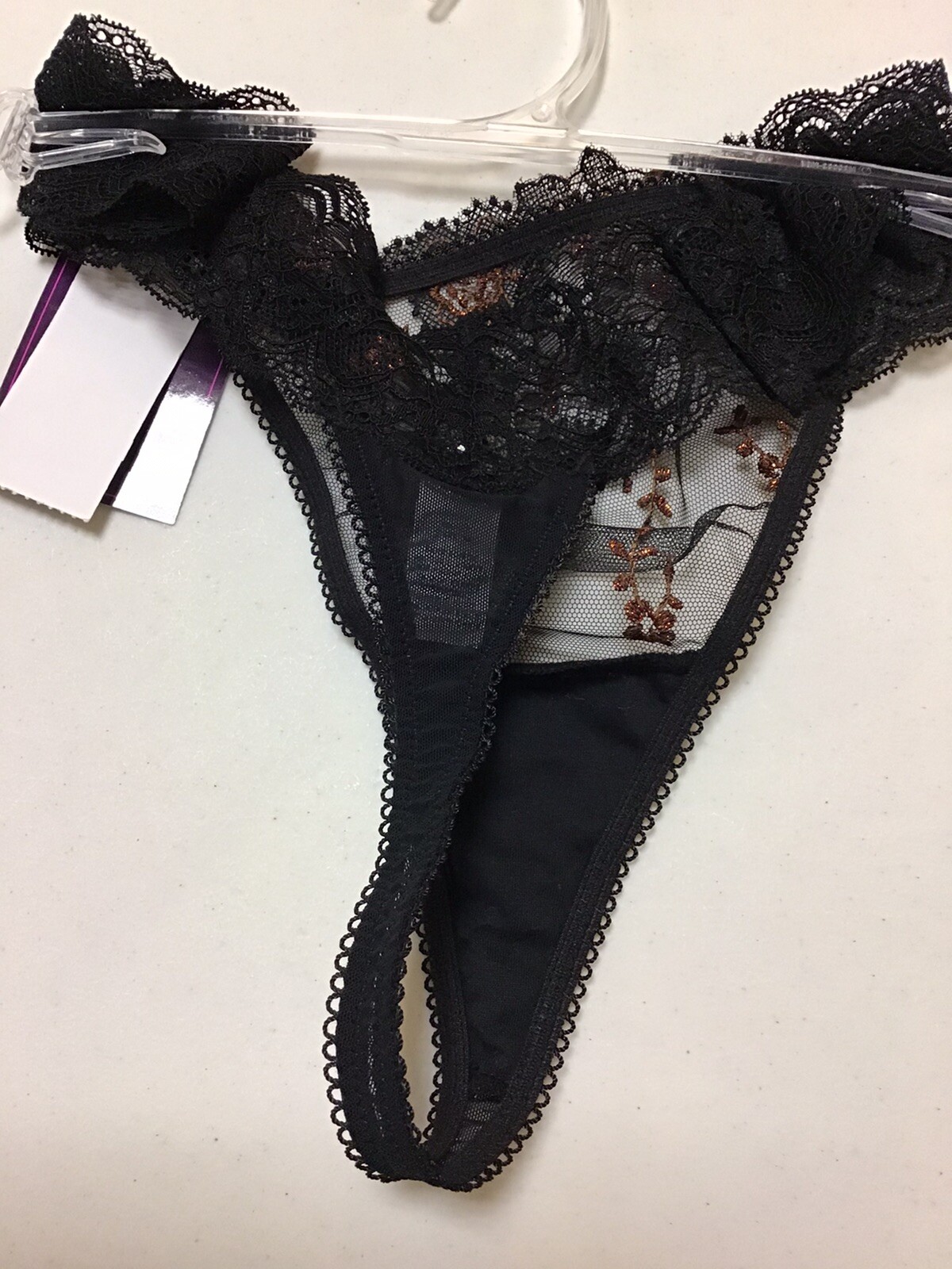 WOMENS PANTY SAKI SILVER STRING THONG BLACK LACE WITH BRONZE COLOR DESIGN