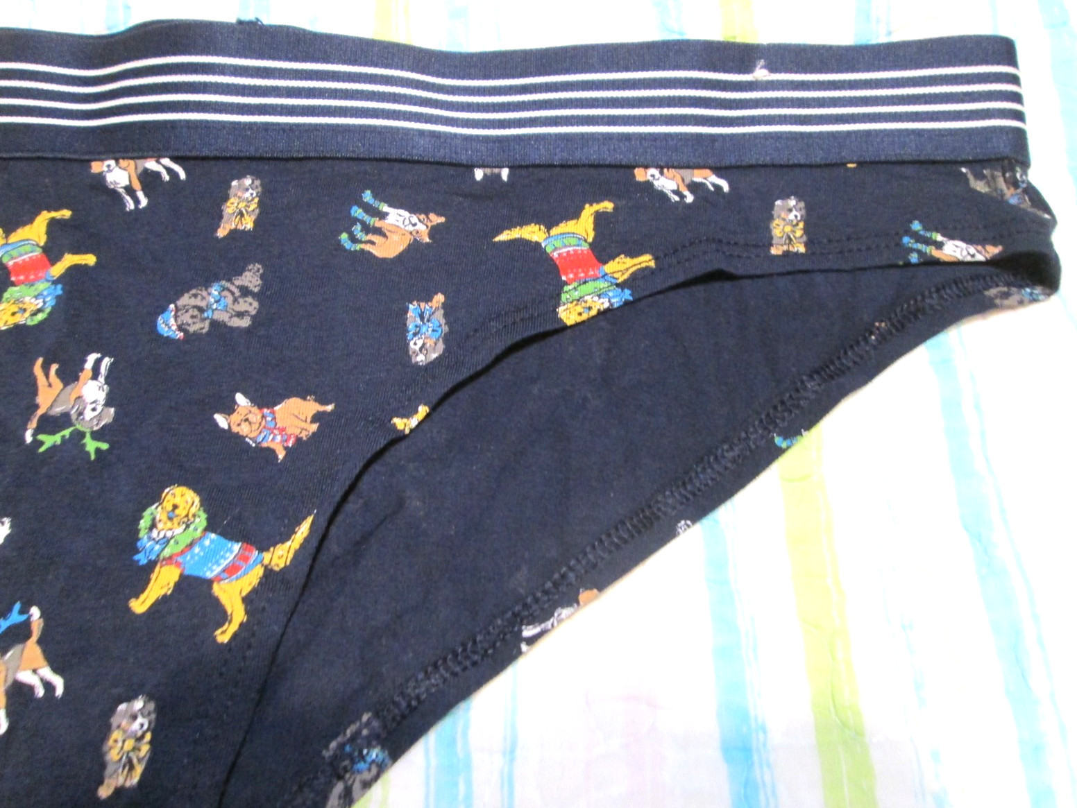 Flirtitude ladies’ cheeky Bikini PANTY-navy w/holiday dogs -SZ L-NWOT