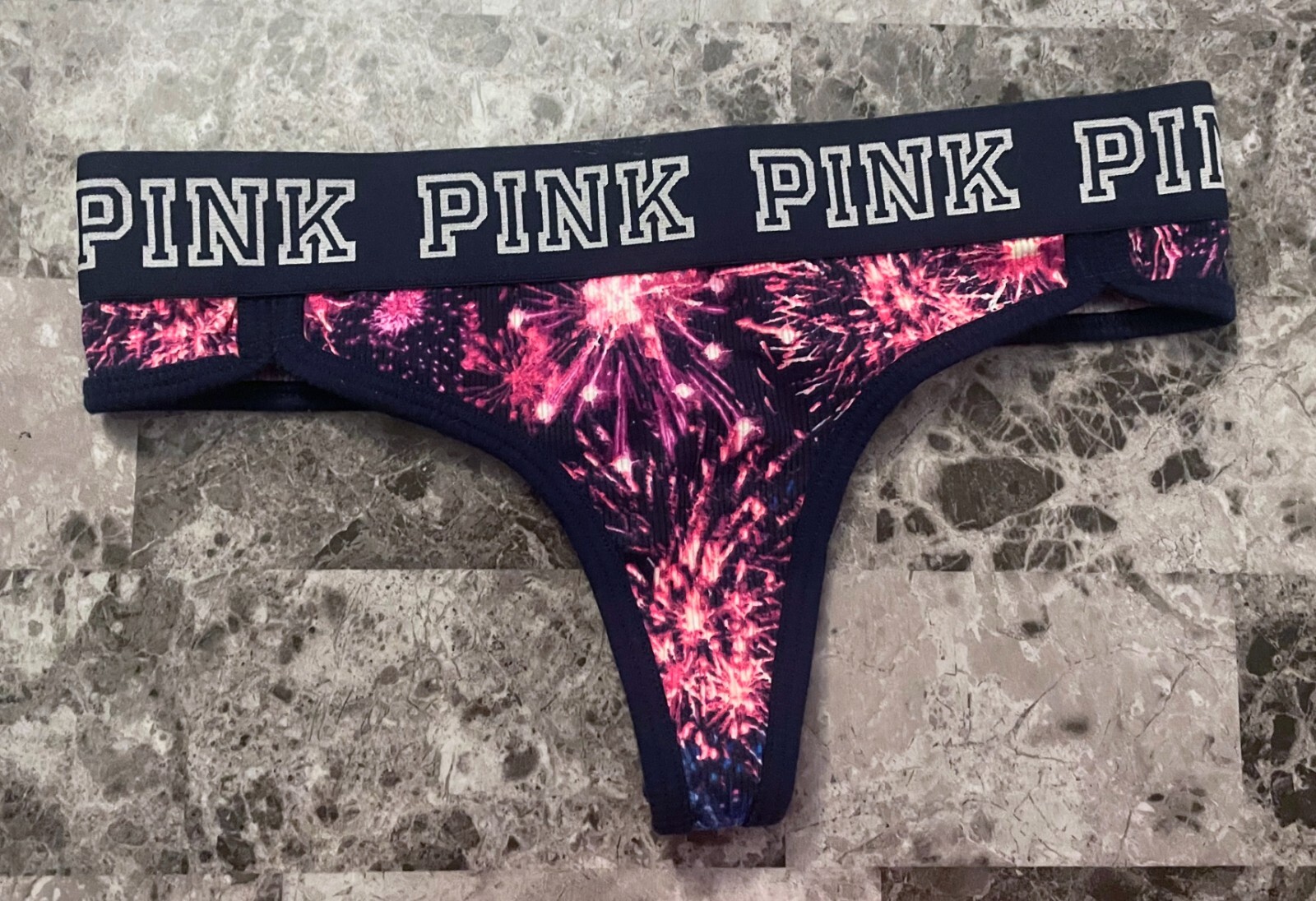 NWT VICTORIA’S SECRET PINK XS FIREWORKS RIB KNIT THICK BAND RARE THONG PANTIES