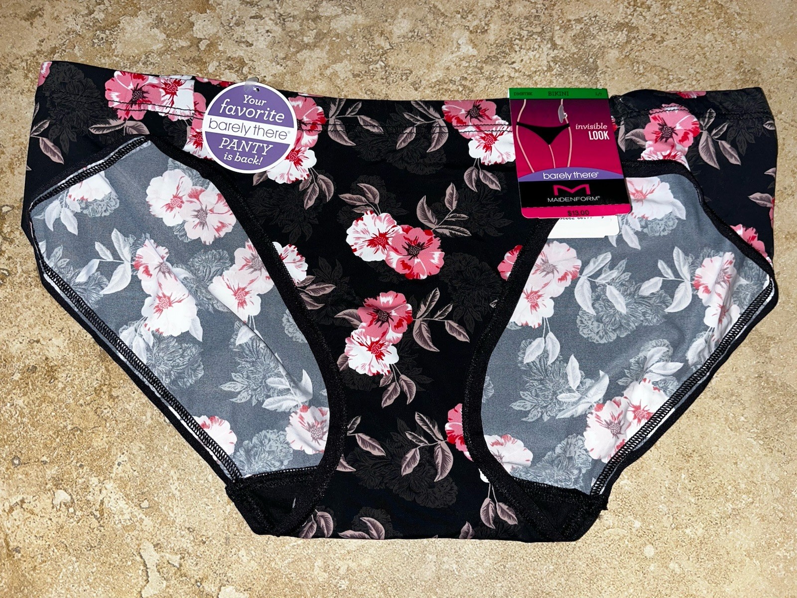 NWT Maidenform Invisible Look BARELY THERE Black Floral Bikini Panty Large 7