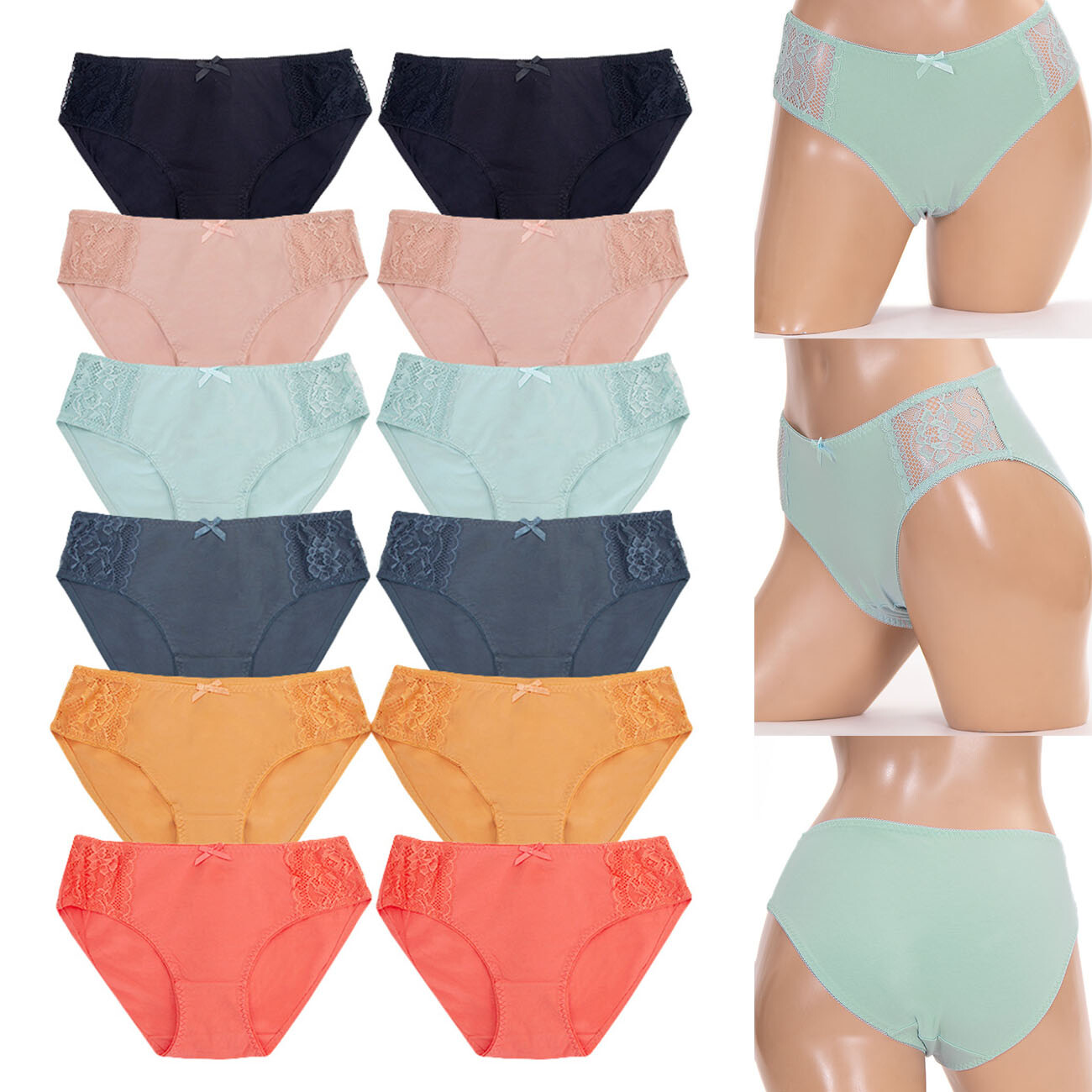 12 pack Women’s Multipacks Lace Trim Sexy Solid Color Cotton Bikini Underwear