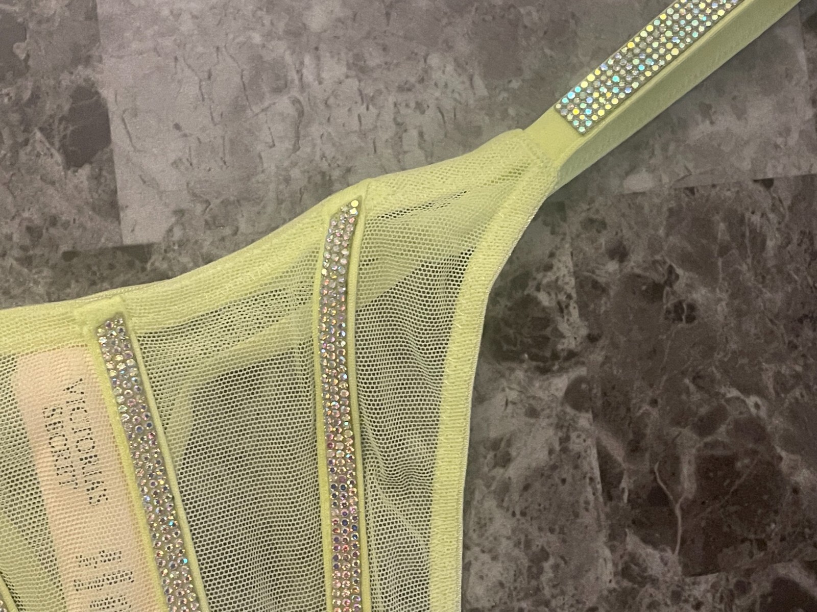 VICTORIA’S SECRET CITRON MESH IRIDESCENT RHINESTONE SHINE STRAP THONG PANTIES