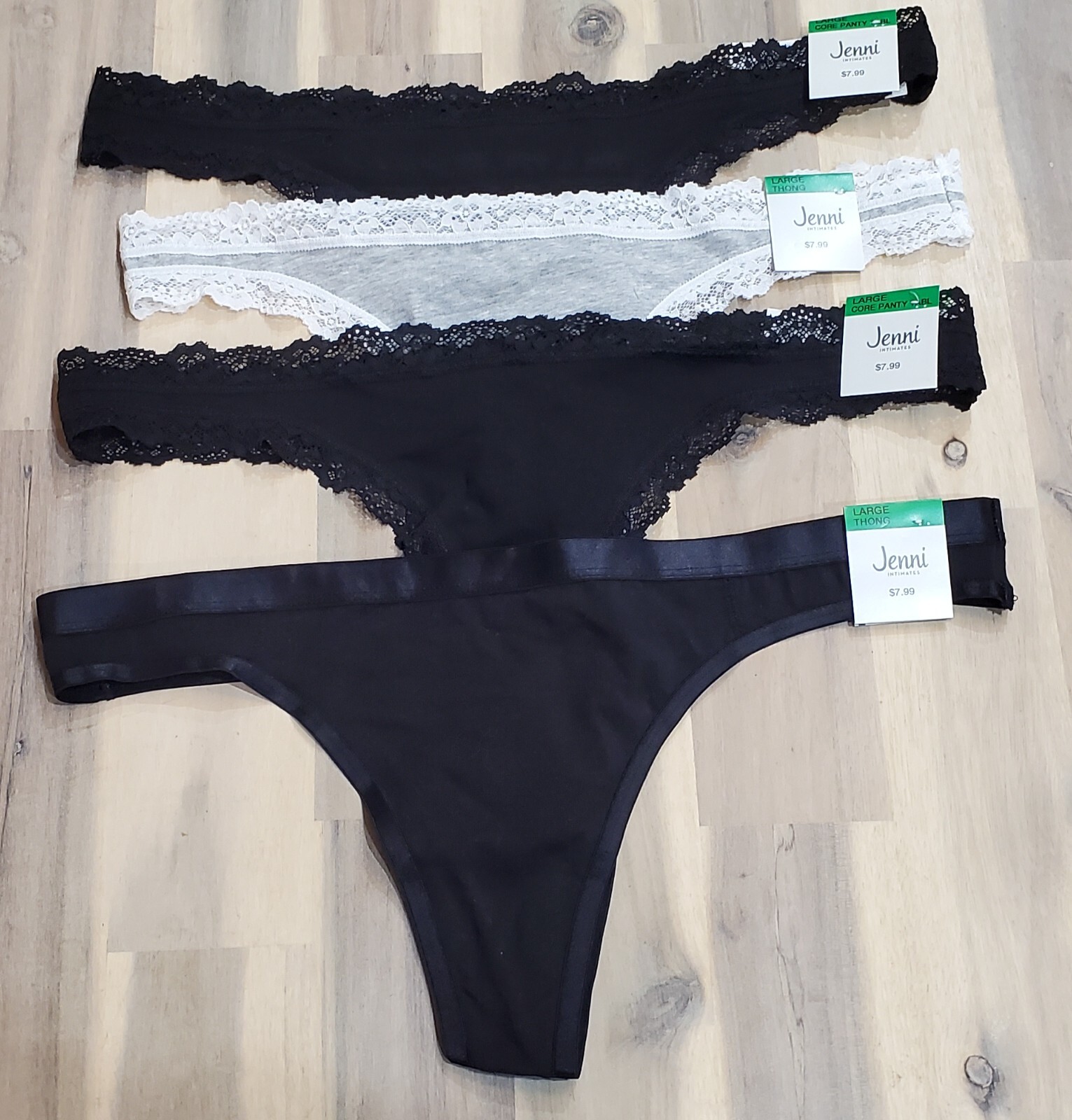 4 Pair Jenni by Jennifer Moore Size Large 95% Cotton Thong Panties Black/Grey