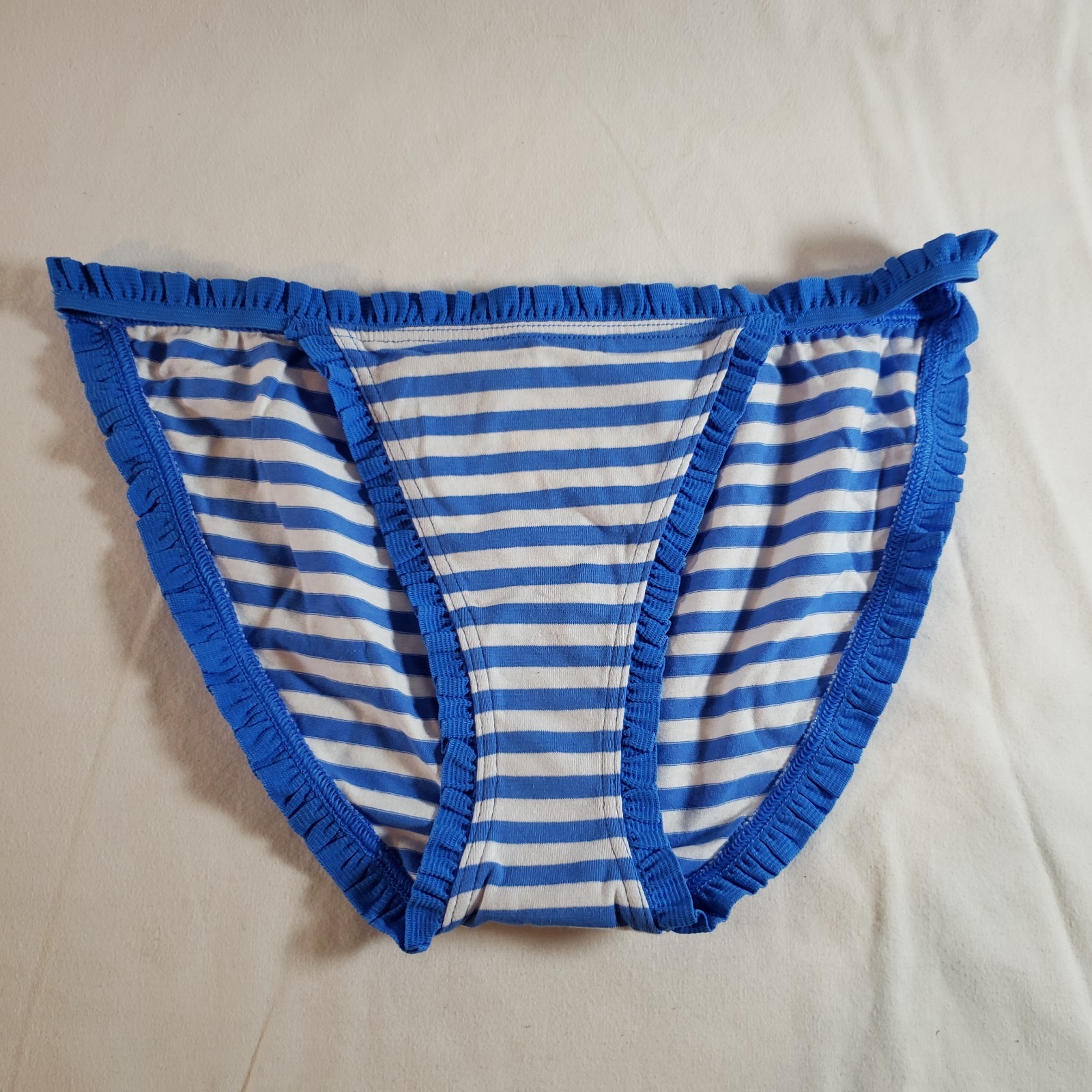 Victoria’s Secret Pleated Ruffle String Bikini Small Blue White Stripe