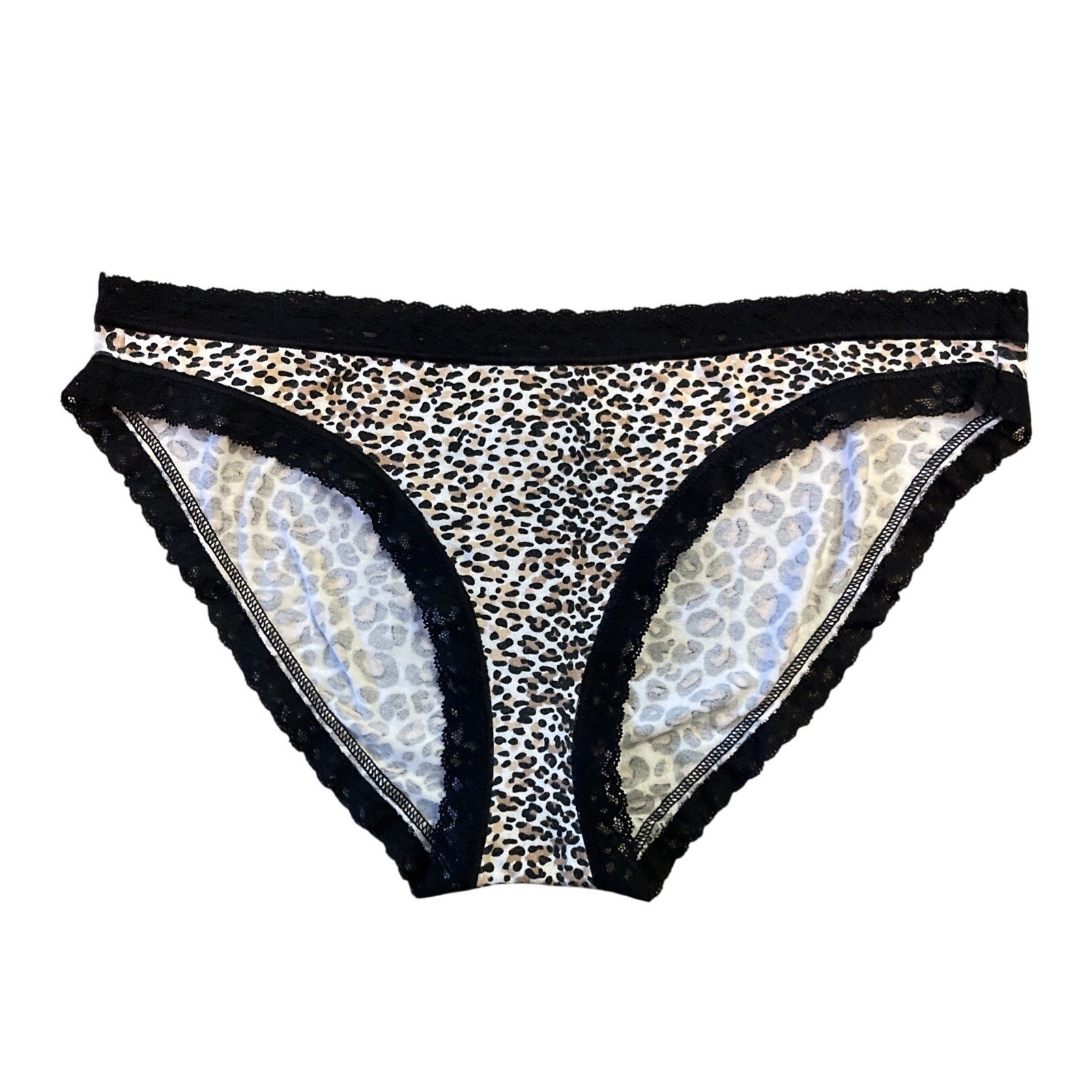 Vtg Victoria’s Secret Black Leopard Lace Trim Bikini Panties Med Animal Print
