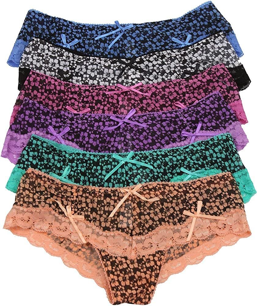 FashionCatch Women’s Pack of 6 1960s Inspired Floral Briefs with Lace Detailing
