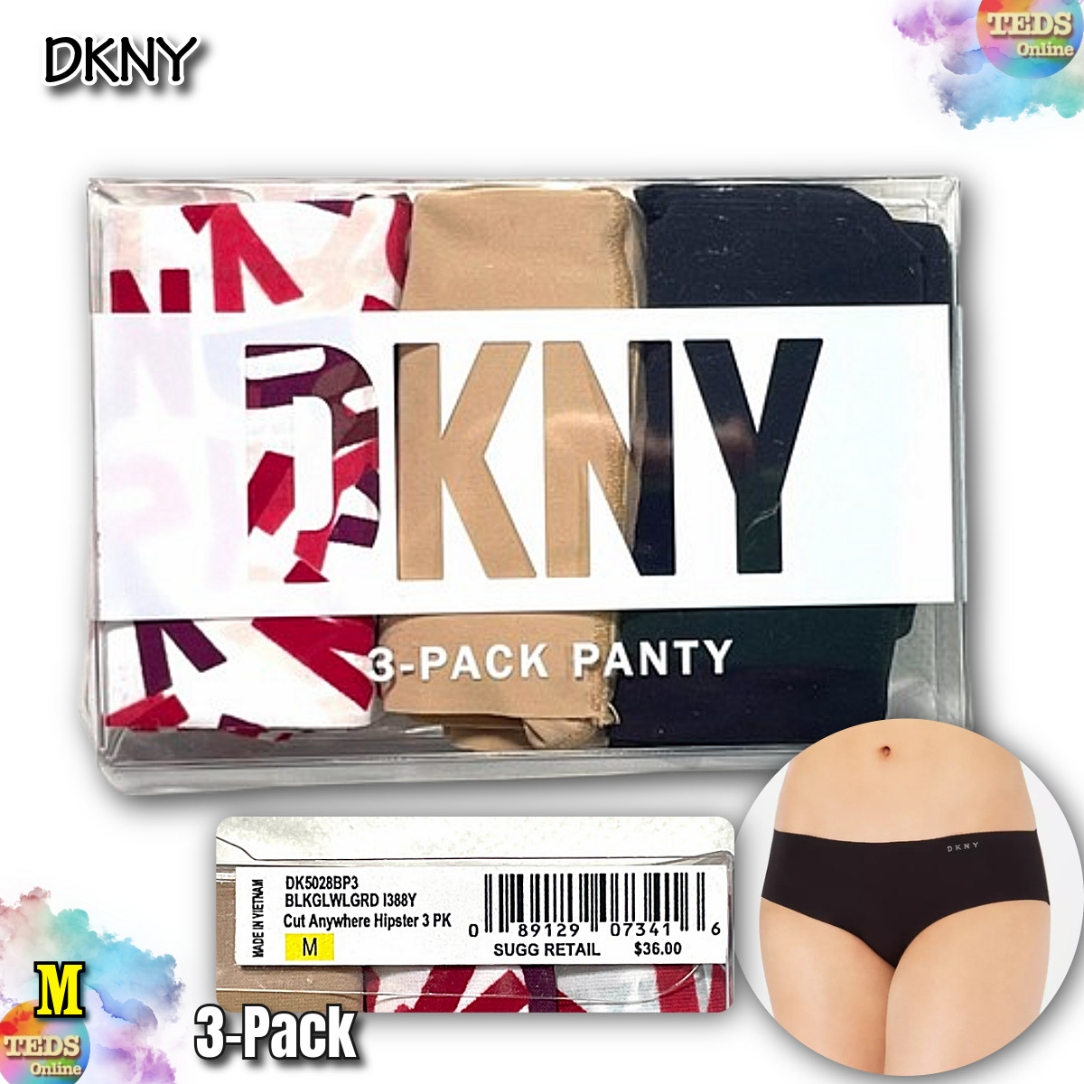 NWT 3-Pack DKNY Women’s M Cut Anywhere Hipster Underwear DK5028BP3 BLKGLWLGRD
