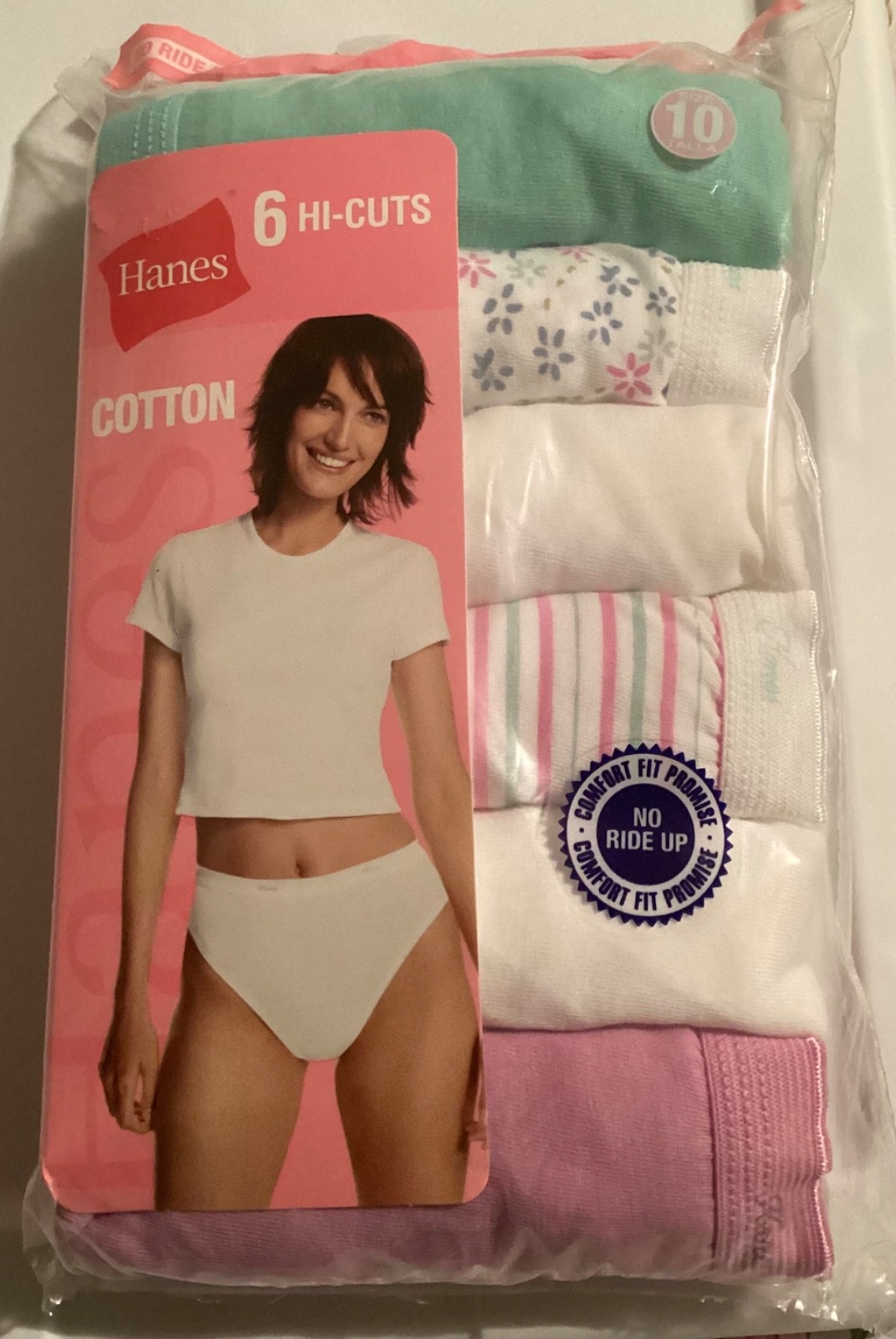 Hanes Underwear Panties 6 Pack Hi-Cuts 100% Cotton White Pink Green Size 10