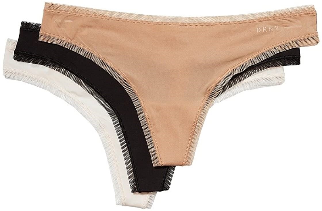 DKNY 186799 Womens Three Pack Thong Underwear Glow/Black/Vanilla Size Large