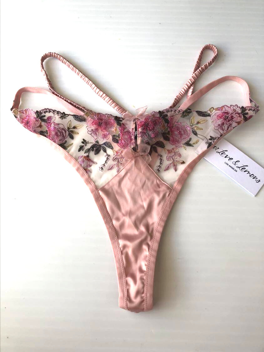 VS For Love And Lemons Shimmer Floral Embroidered Pink Blush Thong Panty L NWT