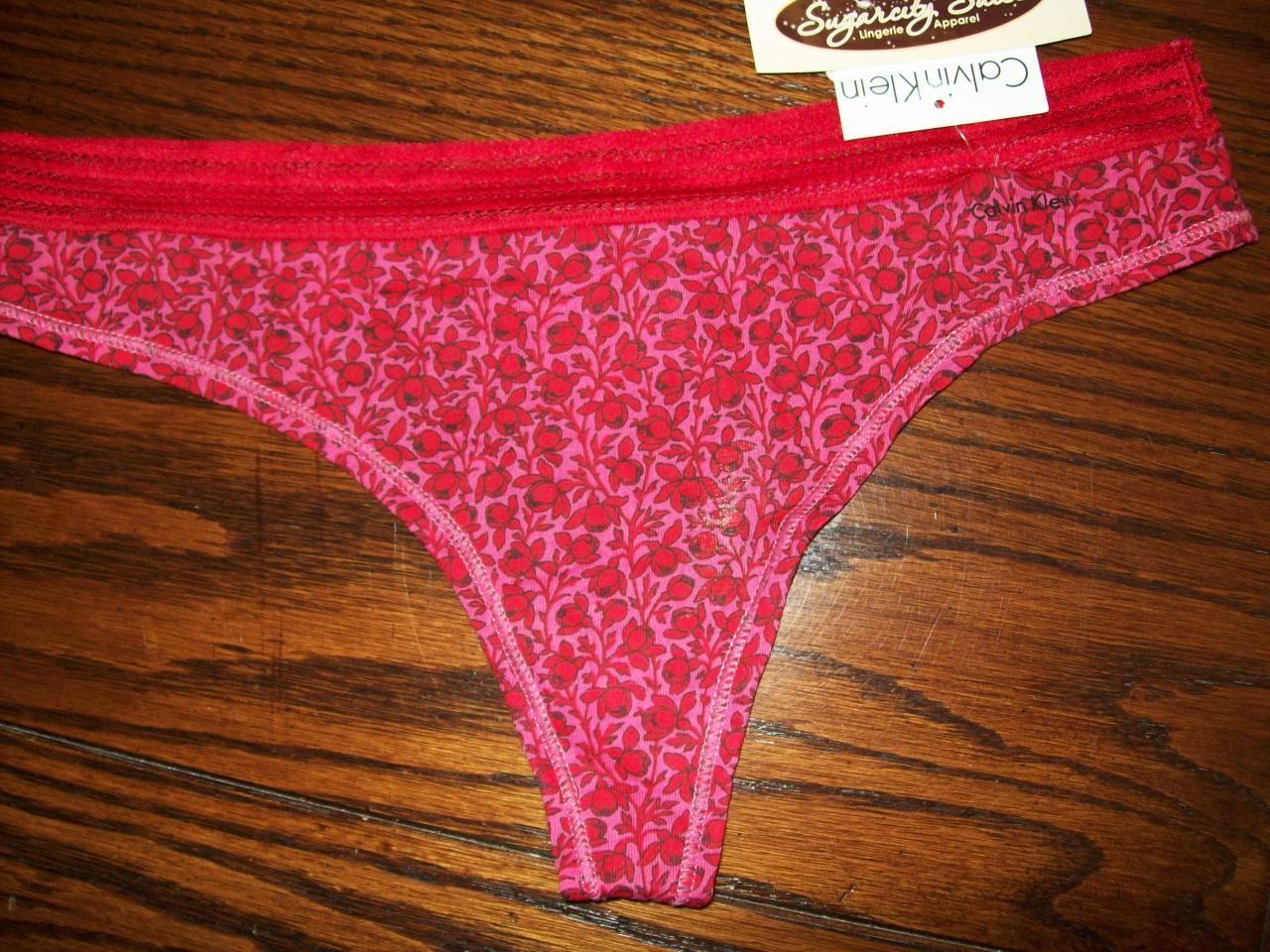 NWT CALVIN KLEIN COTTON ELASTANE THONG PANTIES D3380 RED/PINK/BLK FLORAL L