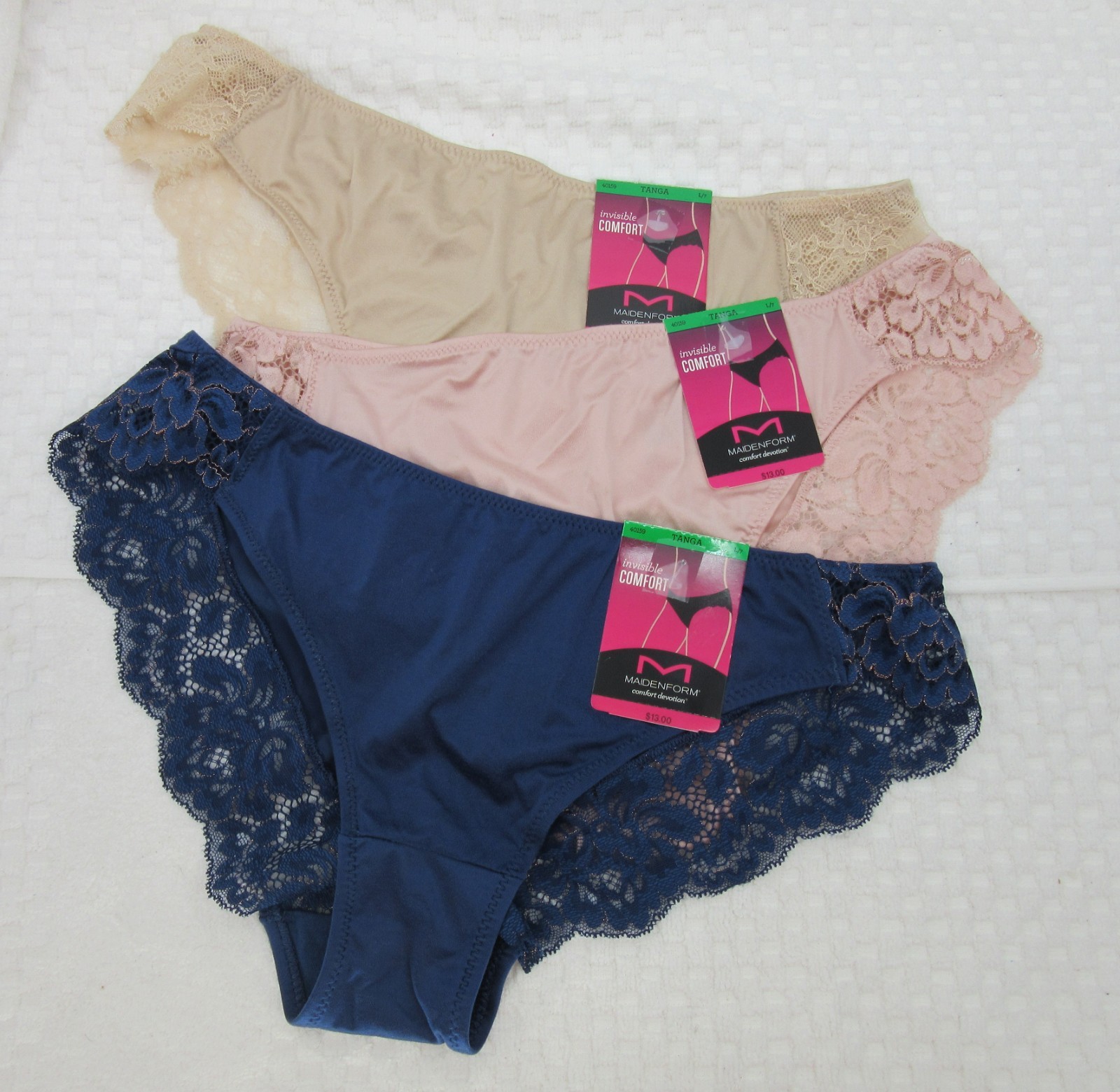 NWT set of 3 MAIDENFORM comfort devotion LACE TANGA ROSE BEIGE BLUE 7/L
