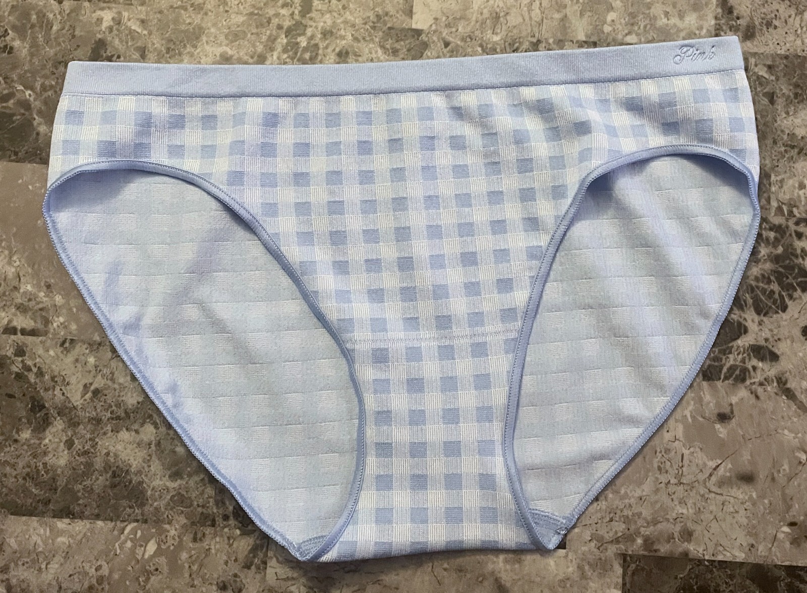 NWT VICTORIA’S SECRET PINK BLUE GINGHAM PLAID STRETCH SEAMLESS BIKINI PANTIES