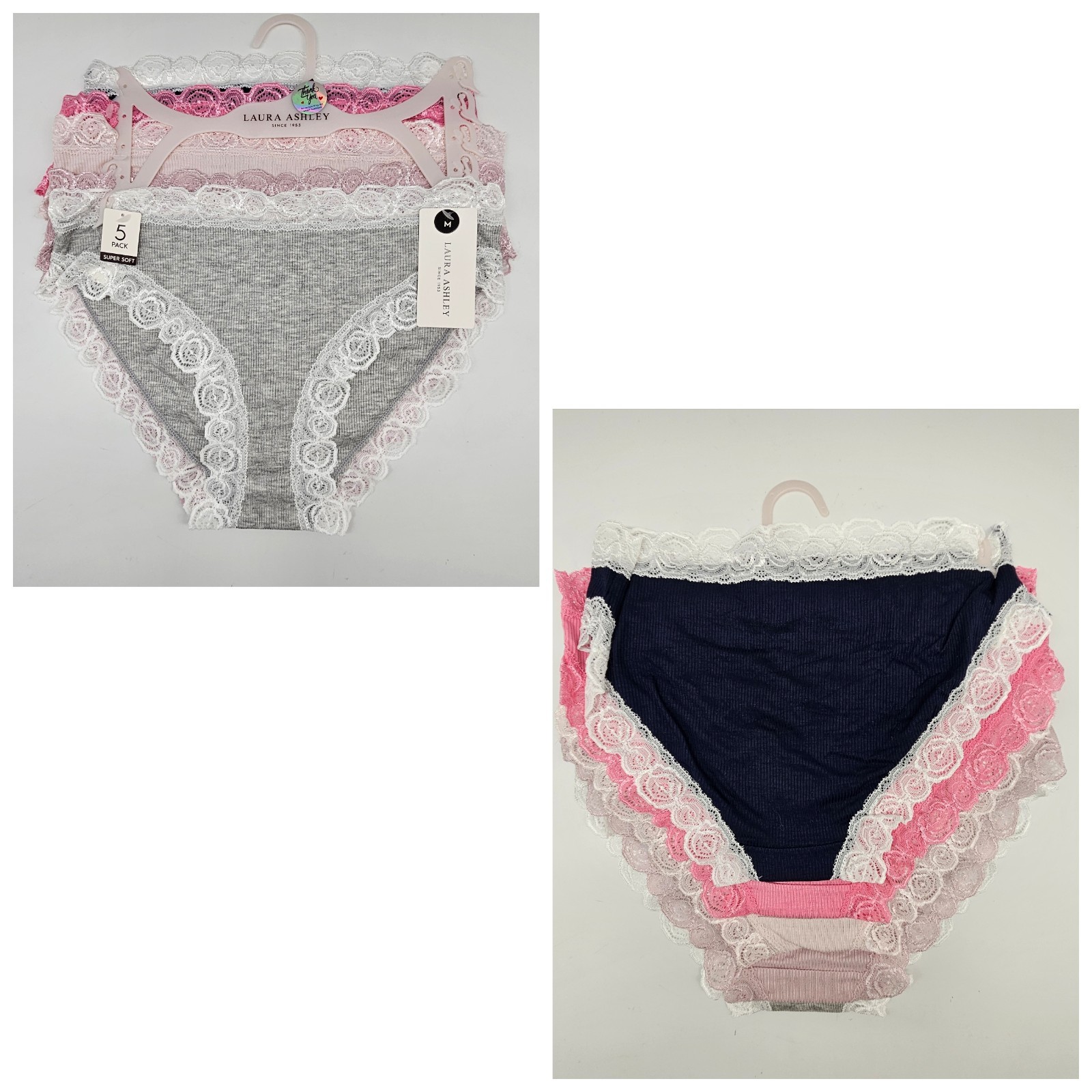 LAURA ASHLEY 5 Pk Women M L XL Rose Lace Trim Soft Panties Navy Pink Cream Beige