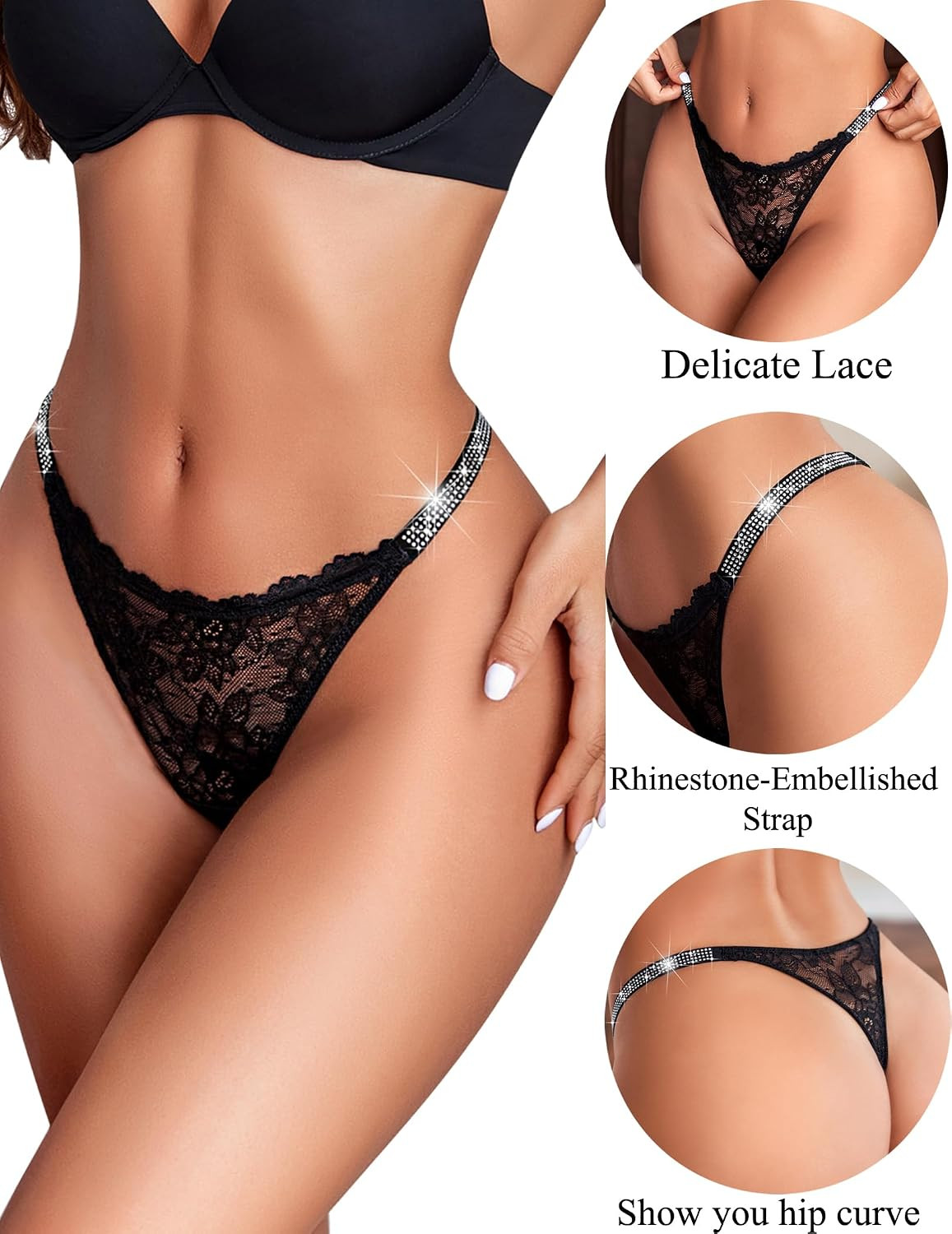Lace Thongs for Women with Rhinestone-Embellished Strap Cheeky Underwear Sexy Pa