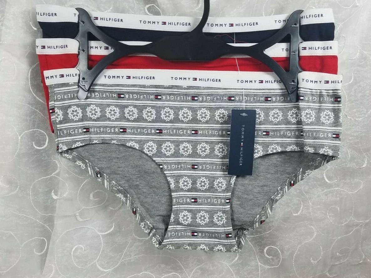 Tommy Hilfiger 3Pk Hipsters Cotton Stretch M Gray w/ Snowflakes, Solid Red Navy
