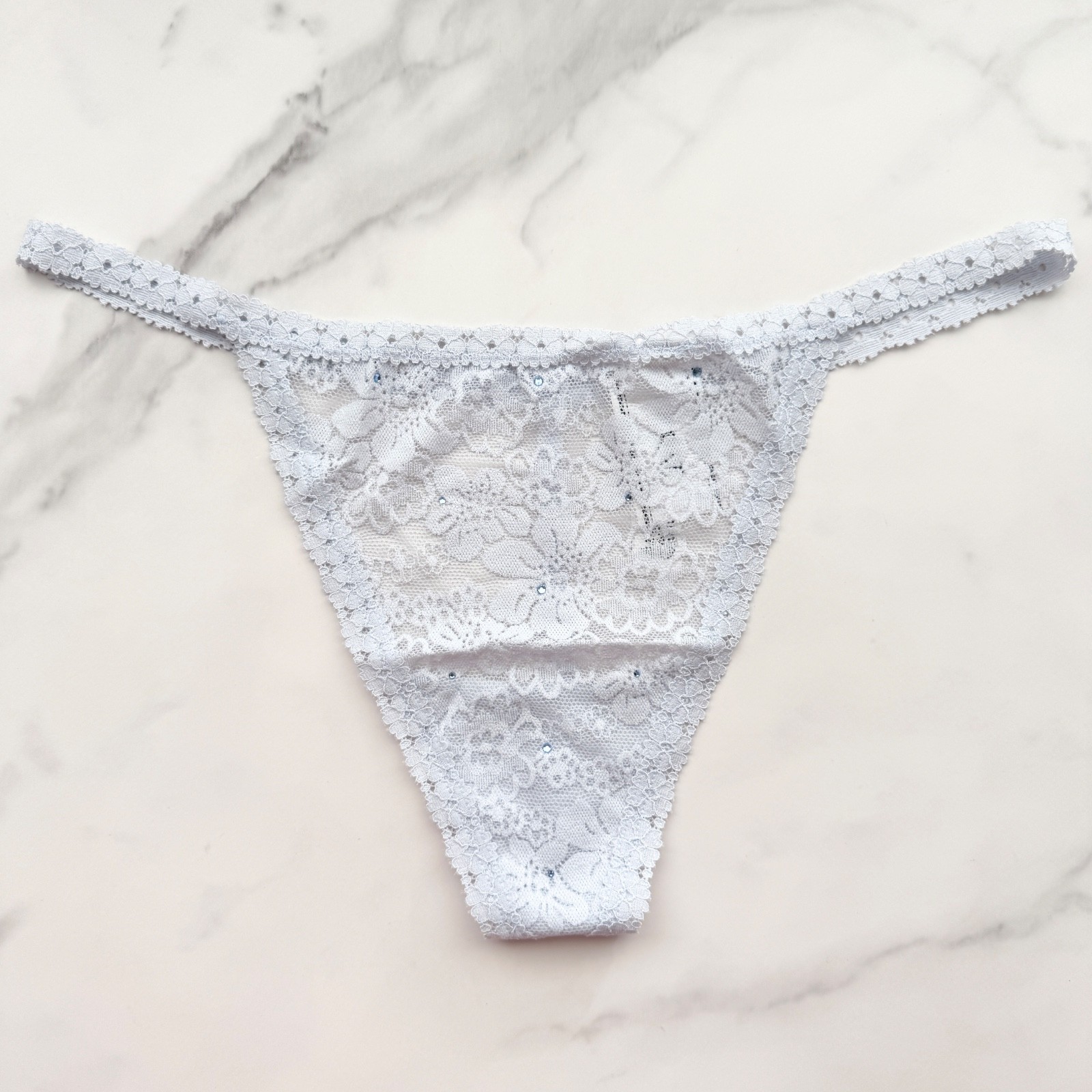 PINK Victoria’s Secret Wink Bling Lace V-String Panty Hydrangea Blue Size L/XL