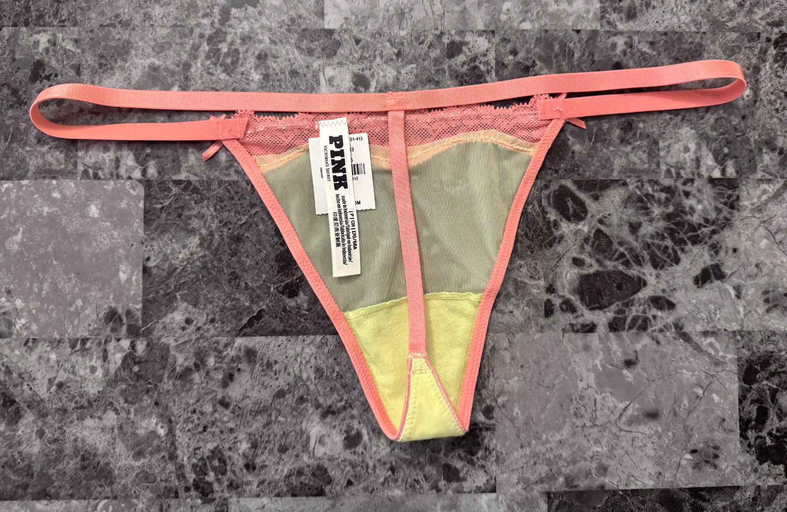 NWT VICTORIA’S SECRET PINK SHEER SMOOTH YELLOW CORAL LACE V STRING PANTIES