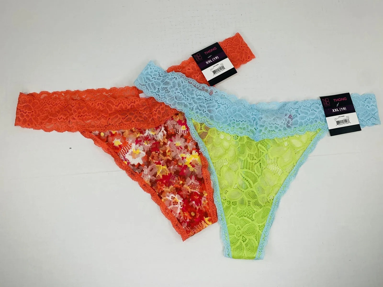 Lot of 2 NWT No Boundaries Lace Thong Panties XXL (19) Blue/Green & Orange
