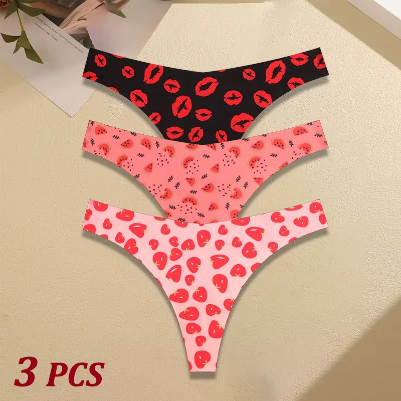 3Pcs Ultra-Thin Seamless G-String Women Thongs Sexy Sweet Fruit Low-Waist Pantie