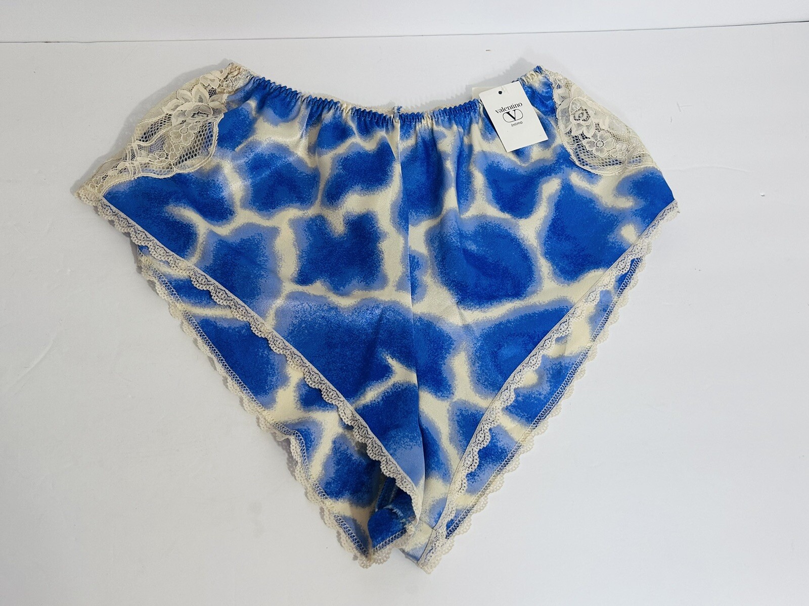 Valentino Intimo Tap Shorts Lounge Wear Blue & Cream W/ Lace Side Slits Sz S