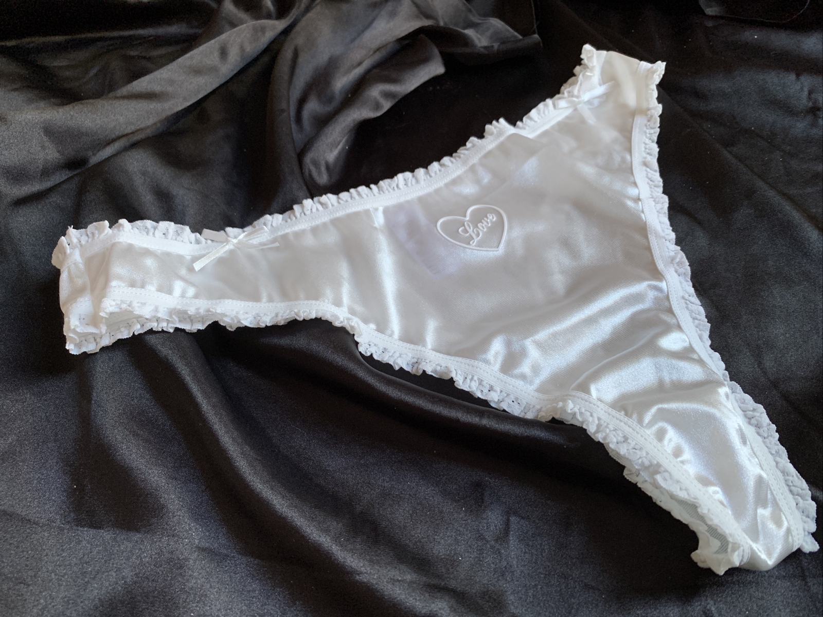 Love Pure White Satin Lace Ruffle Thong Panties Sz XL