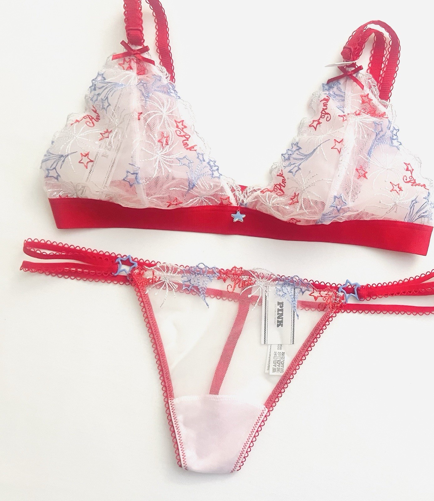 Victoria’s Secret PINK Fireworks Star Embroidered Bralette XS Panty Small Set