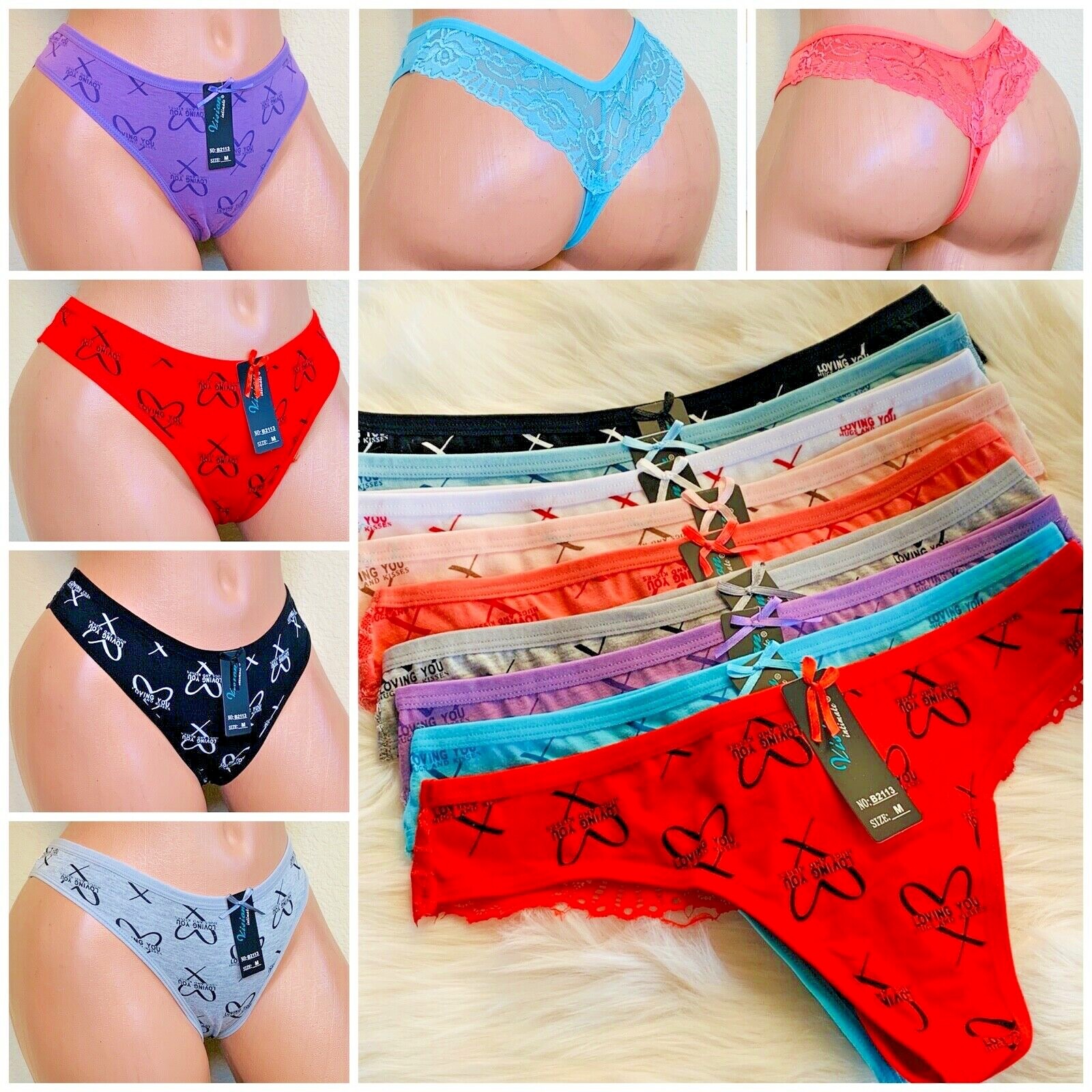 6 or 12 THONGS TANGAS LACE SEXY Panties Undies 95% COTTON ACTIVE WEAR 2113 S-XL