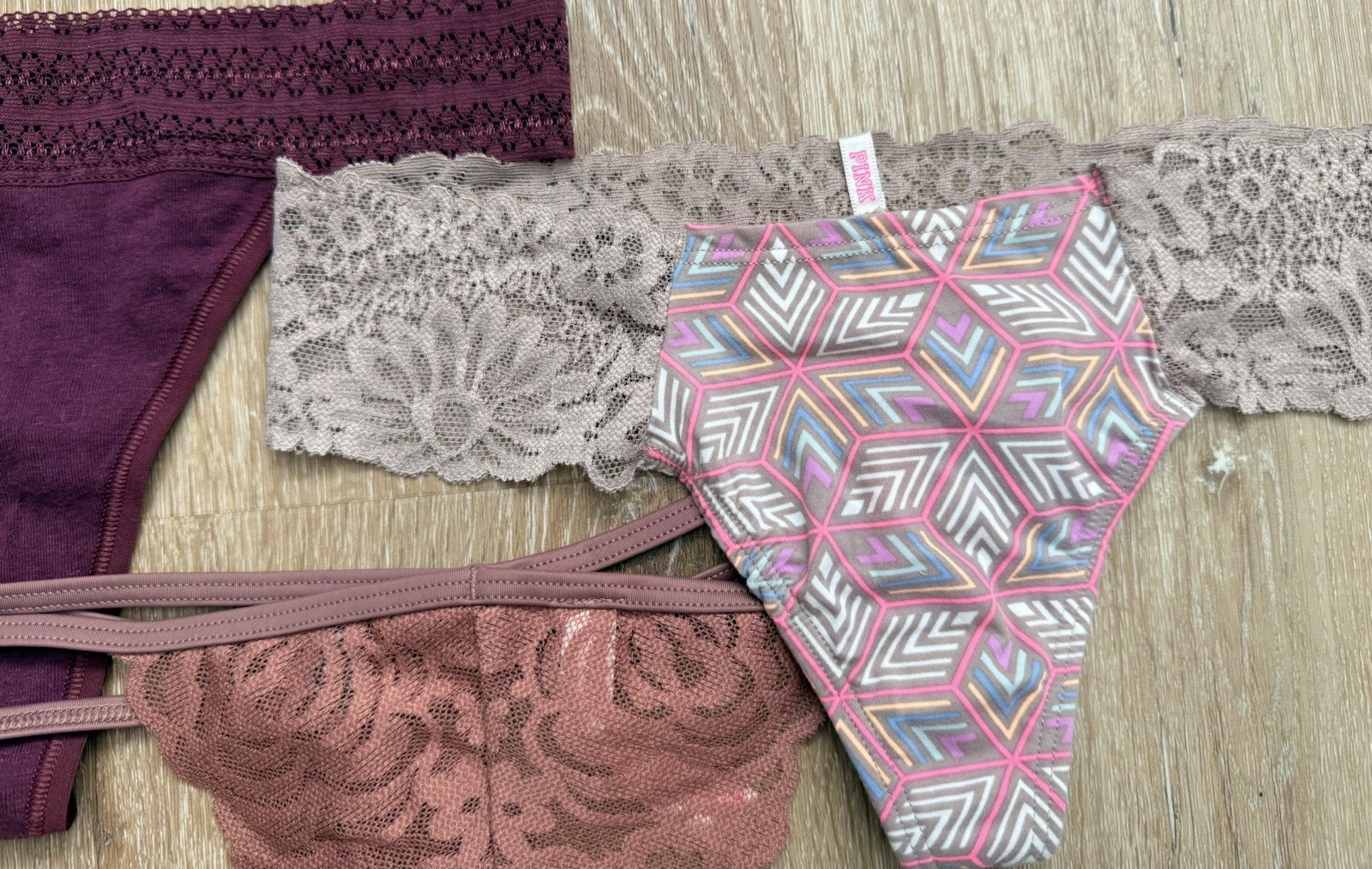PINK Thong Panties 3 Pack Multicolor Mauve Purple Lace Cotton Geometric Floral S