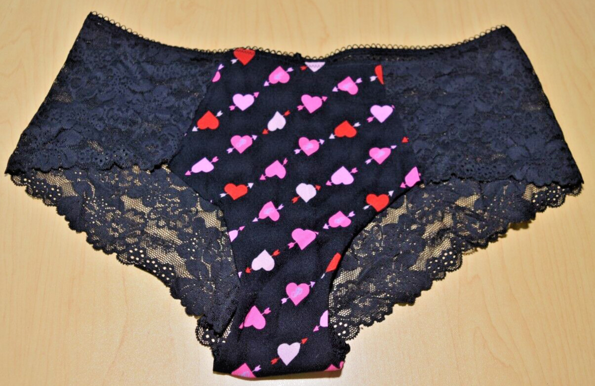 NWT Victorias Secret Pink Multicolor Hearts Lace Cheeky Panty Black L Large