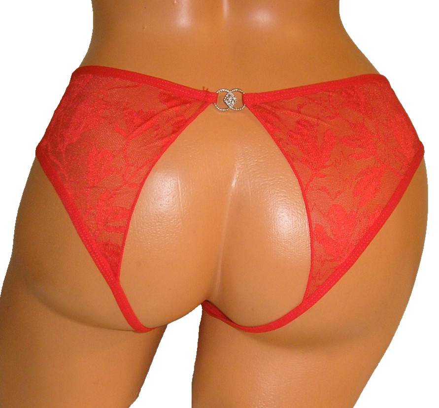 Panties Lingerie Red Crotchless Open Back Metal Ring Accent XL Adult Gift