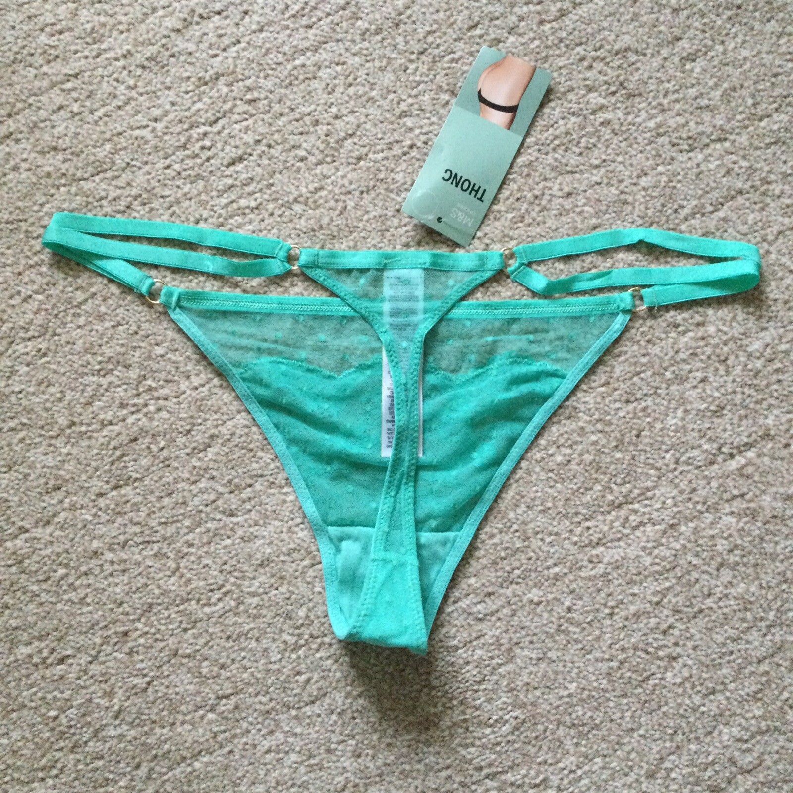 M&S Size 14 Ladies Lace Mesh Thong Knickers Light Jade Green Gold Ring Detail