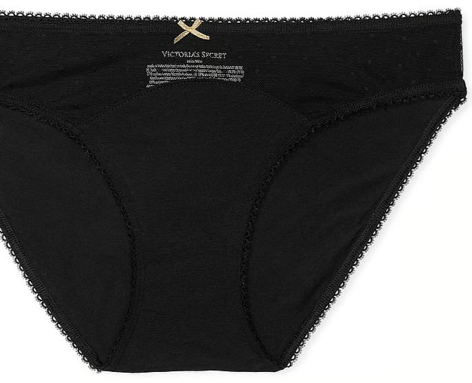 M NOIR Dk Black Dot Mesh Gold Bow Stretch Cotton Victoria’s Secret BIKINI Panty