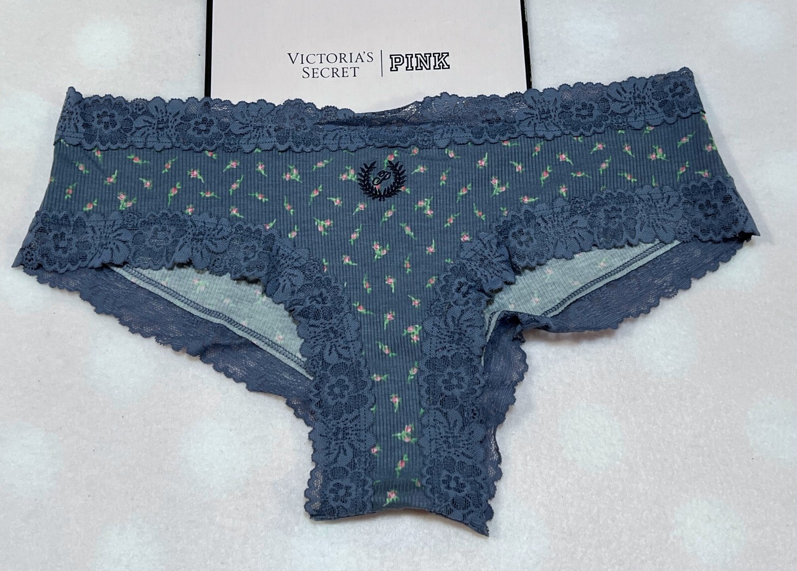 Victoria’s Secret Lace Trim Cheekster Panty Blue Rosebud College Laurel Logo NWT