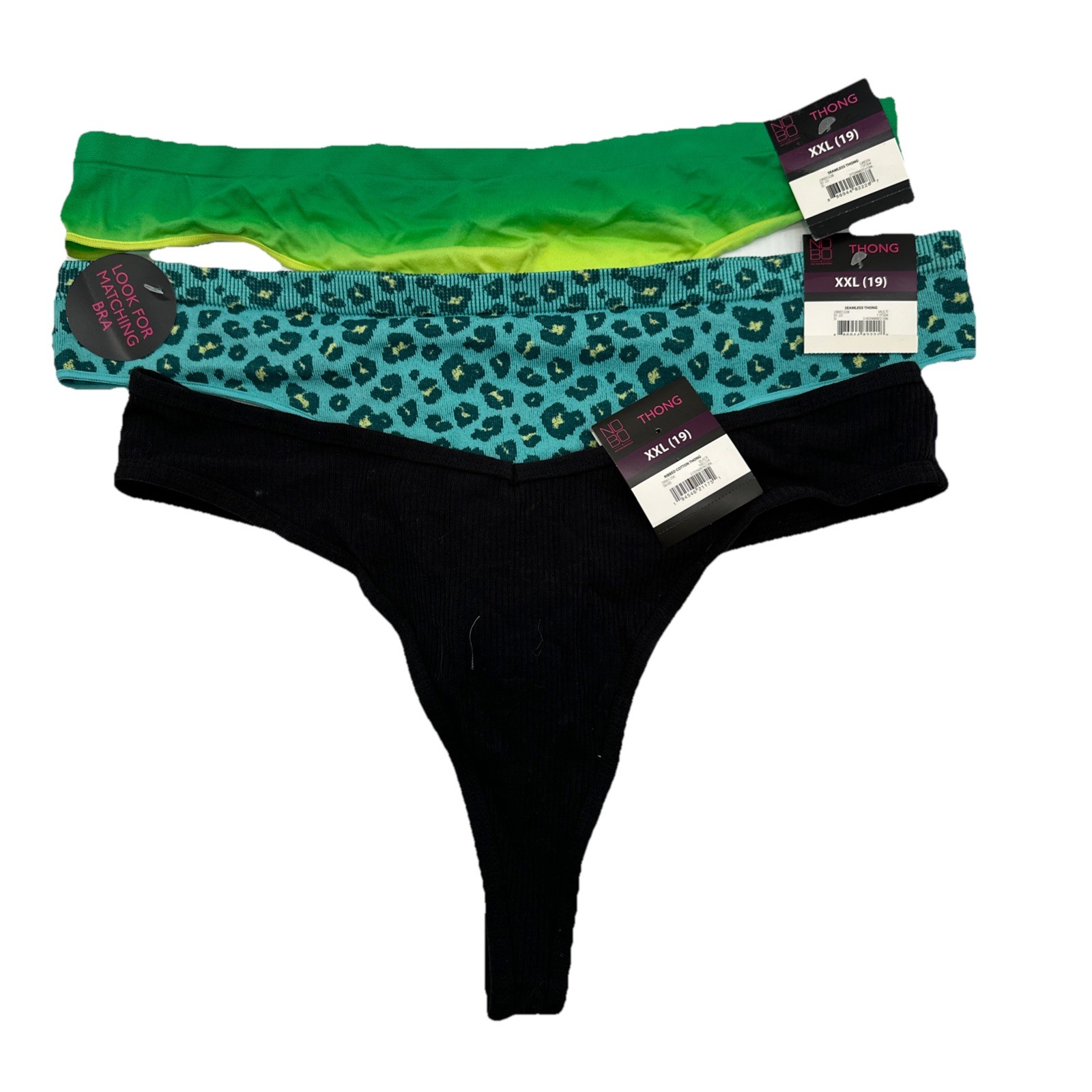 No Boundaries NOBO XXL Thong Panties Set of 3 Cheetah, Black, Green {23}