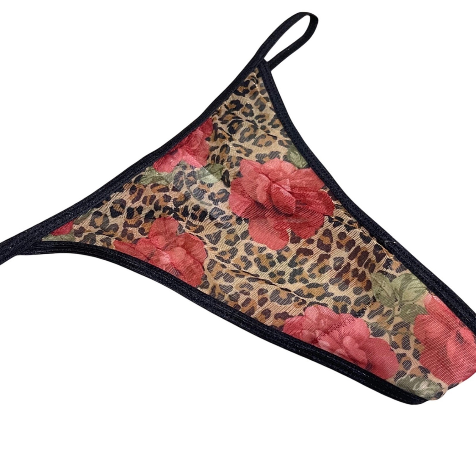 VTG sz 5 Red rose leopard sheer High Leg Thong PANTIES Sexy Lingerie g string
