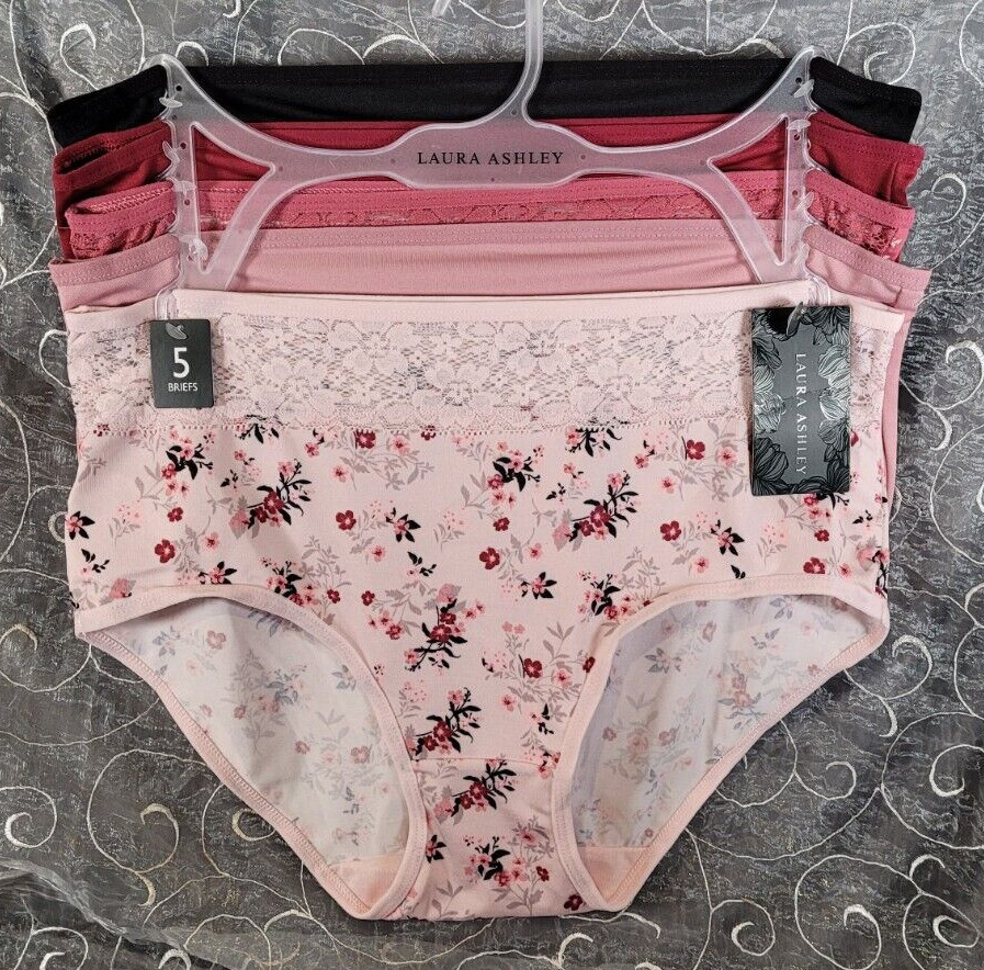 Laura Ashley 5 Microfiber Briefs Size 2X Solid, Floral w/ Lace Panel, Pink Black