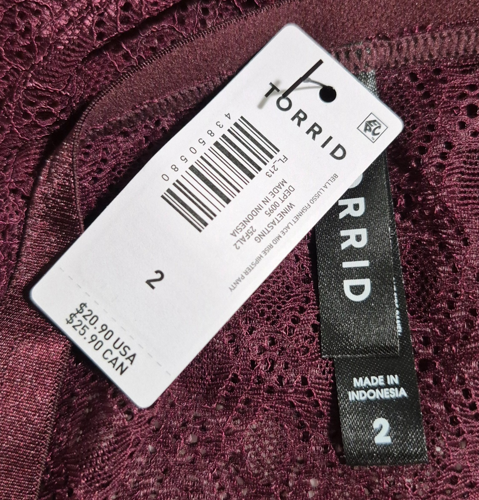 Torrid Hipster Panty Size 2X Winetasting Bella Lusso Fishnet Lace Mid Rise NWT