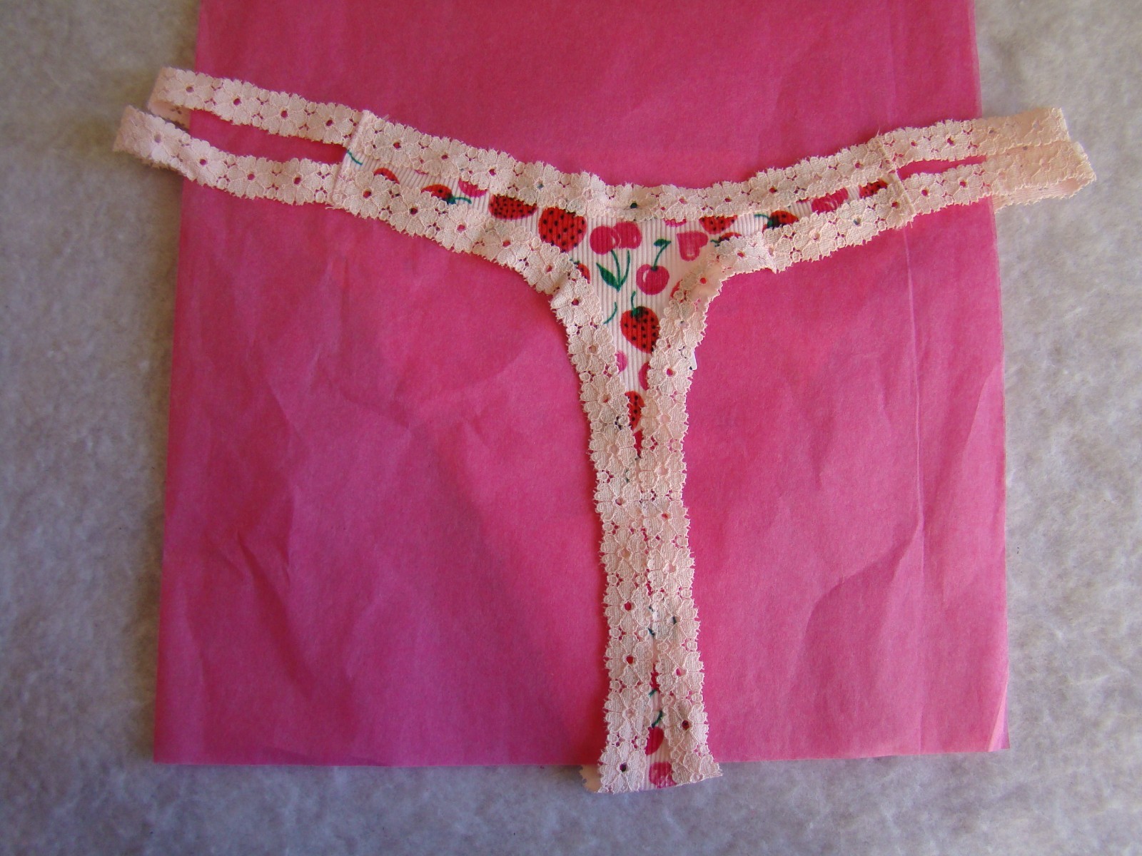 New PINK Strawberries Cherries Hearts Print Light Pink Floral Lace Thong Panty