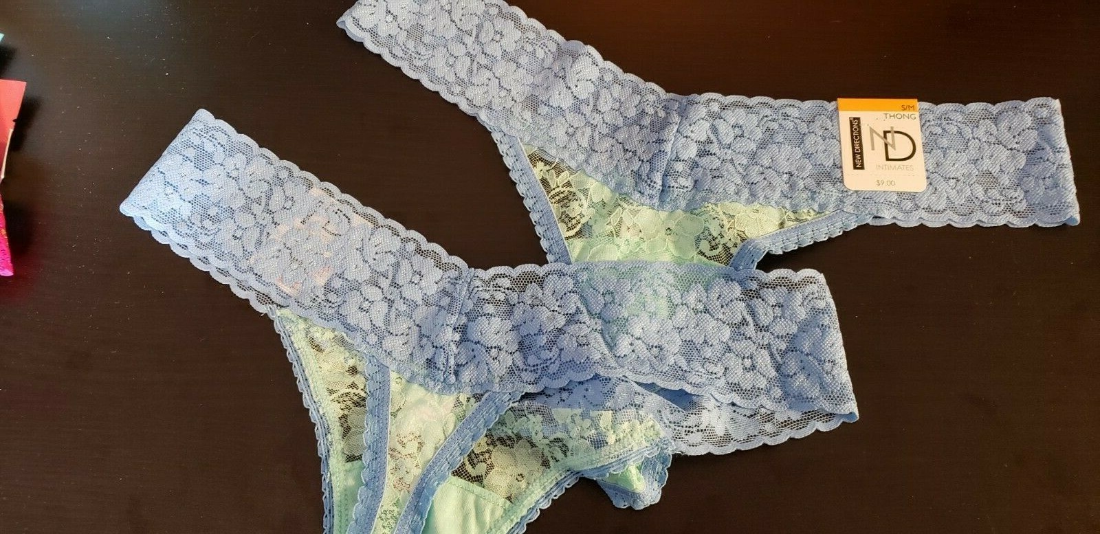 2 Soft Stretchy Blue & Green Lacey Thongs Sz Small New/Tags