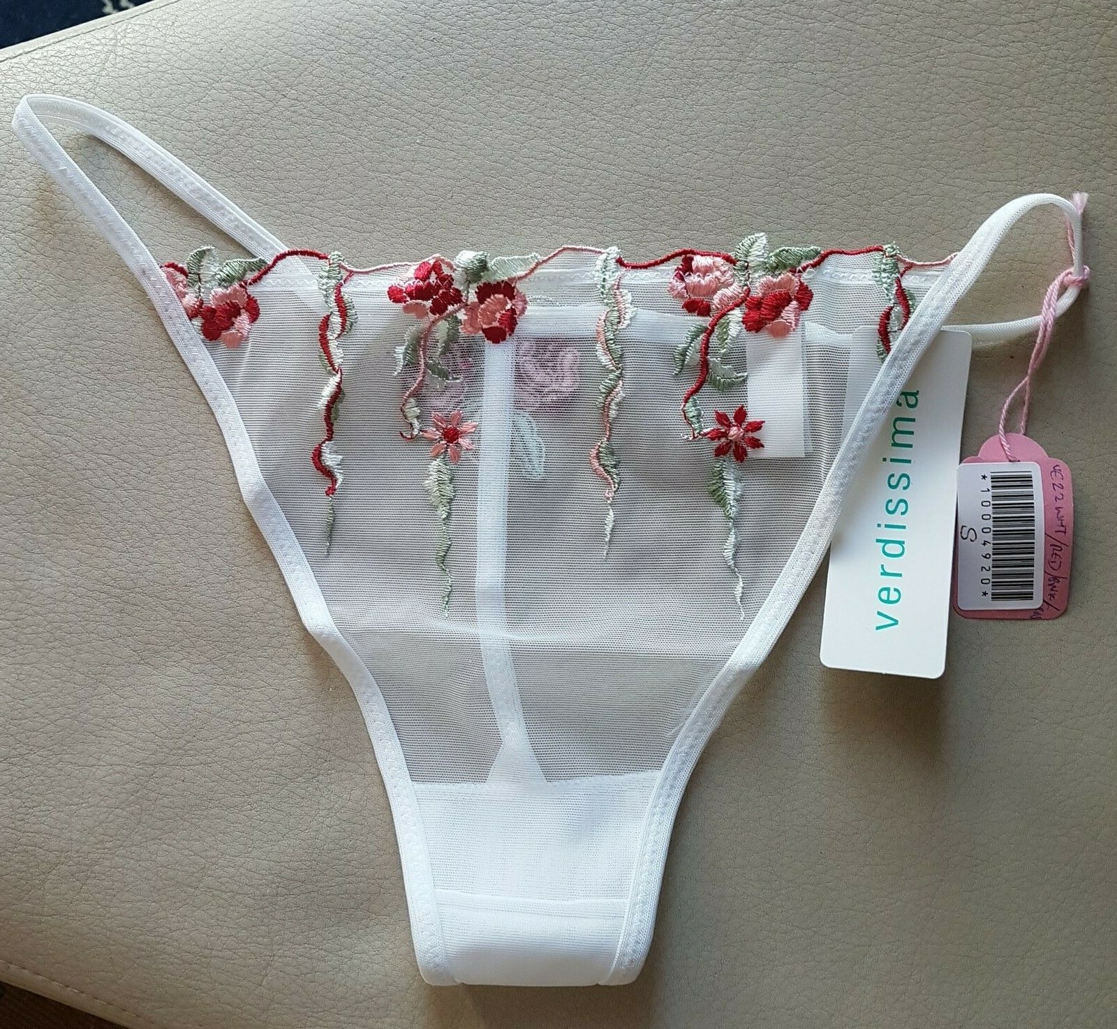 Verdissima Sheer White Mesh Embroidered Red/Green Flowers G-String