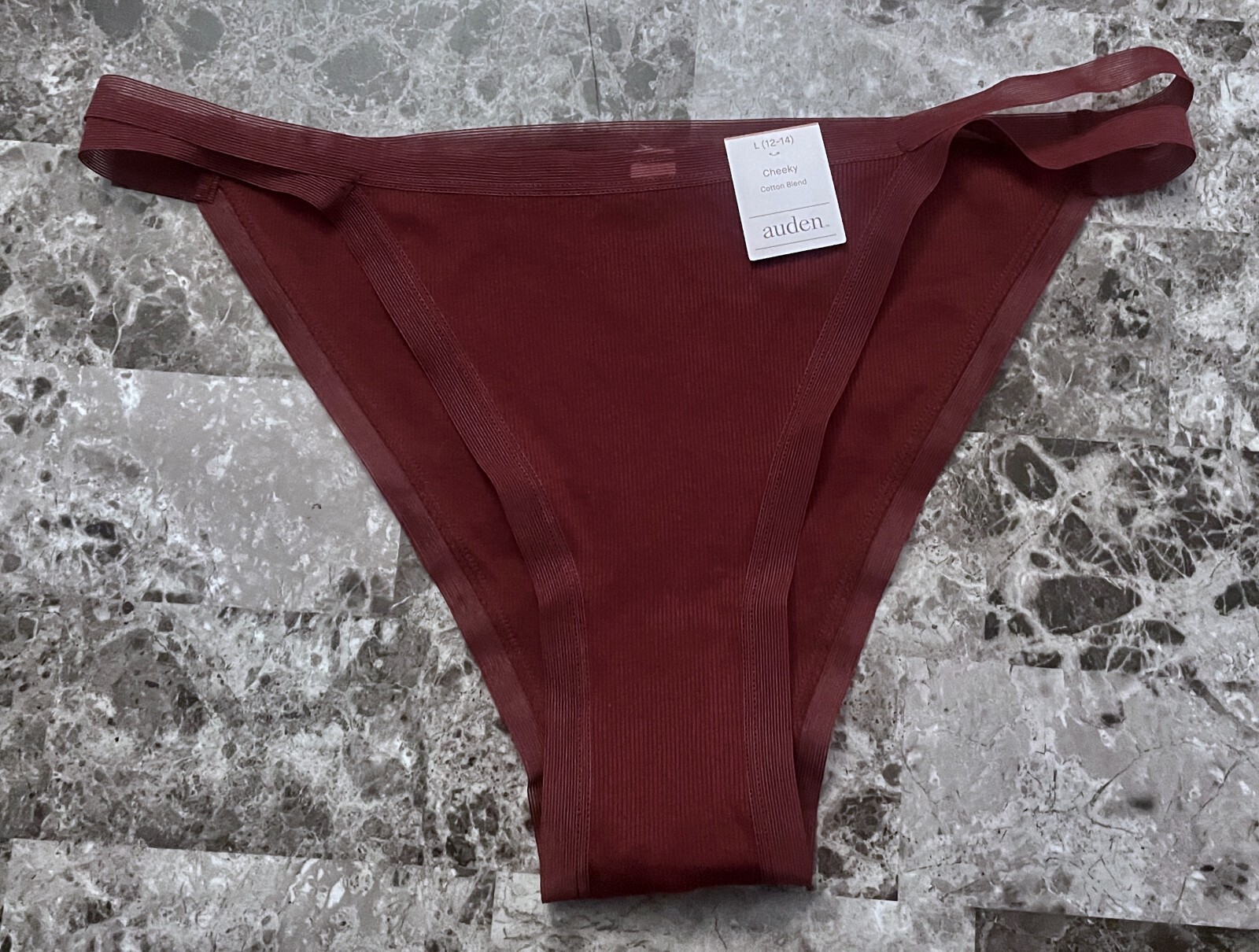 NWT AUDEN LARGE BURGUNDY RIBBED KNIT SHEER STRIPE STRAPPY CHEEKY PANTIES