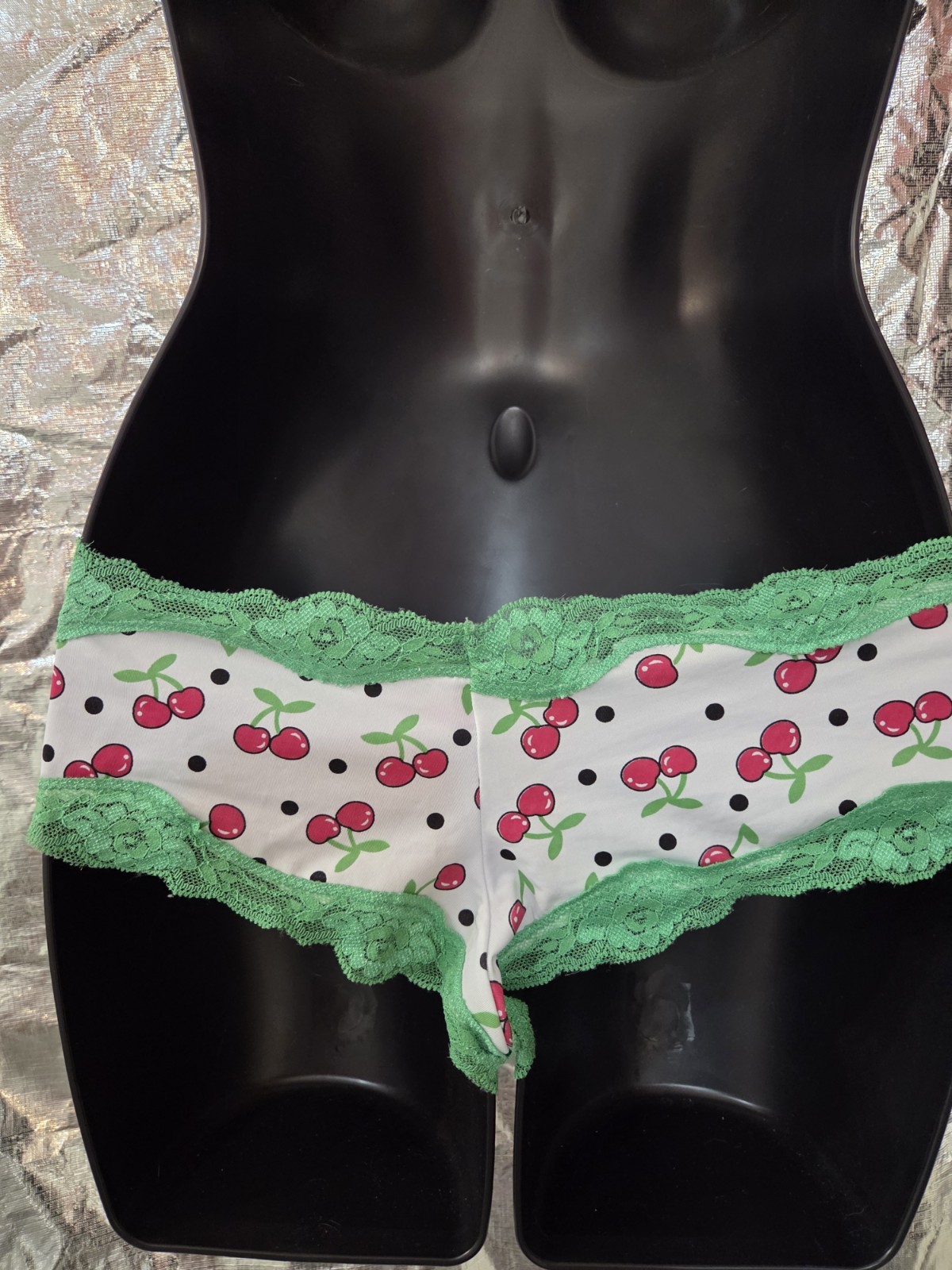 Vintage New Starlett Shiny Soft Low Rise Cherry Panty Boyshorts Green Lace Large
