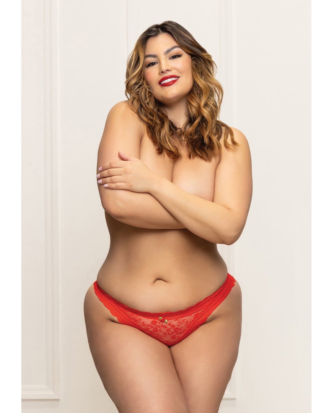 Seven ’til Midnight Queen Lace Panty Heart Cut Out Back & Pearl Chain – Red